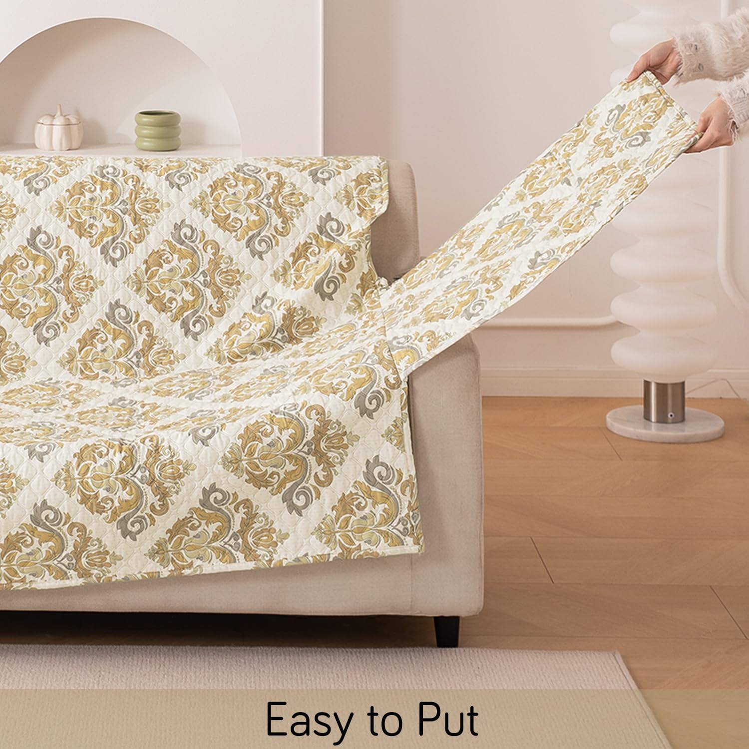 HOKIPO 'VivaCasa Series' Polyester 1 Seater Quilted Sofa Cover with Pockets, Damask Beige (NEW-737-D4) - Image 7