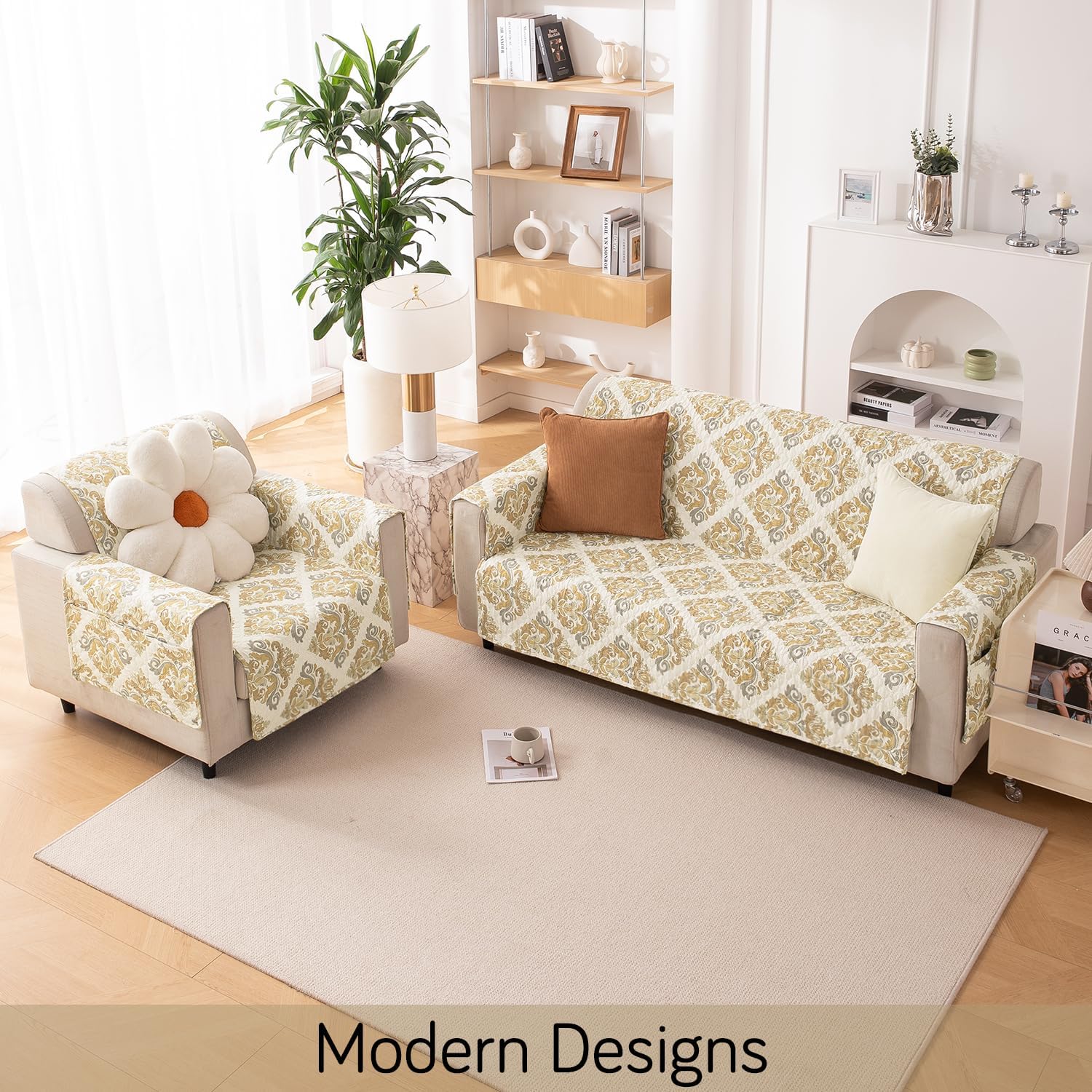 HOKIPO 'VivaCasa Series' Polyester 1 Seater Quilted Sofa Cover with Pockets, Damask Beige (NEW-737-D4) - Image 8