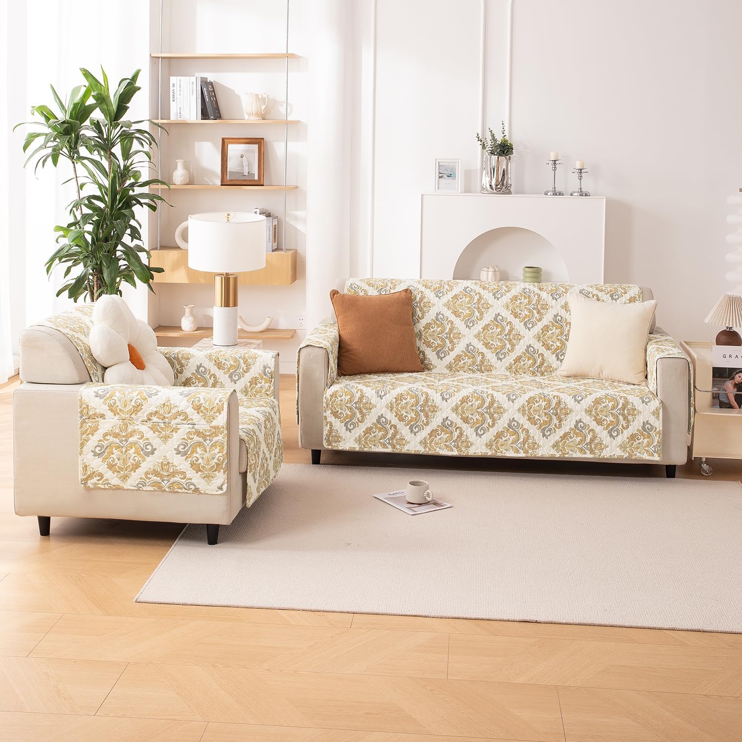 HOKIPO 'VivaCasa Series' Polyester 1 Seater Quilted Sofa Cover with Pockets, Damask Beige (NEW-737-D4) - Image 10
