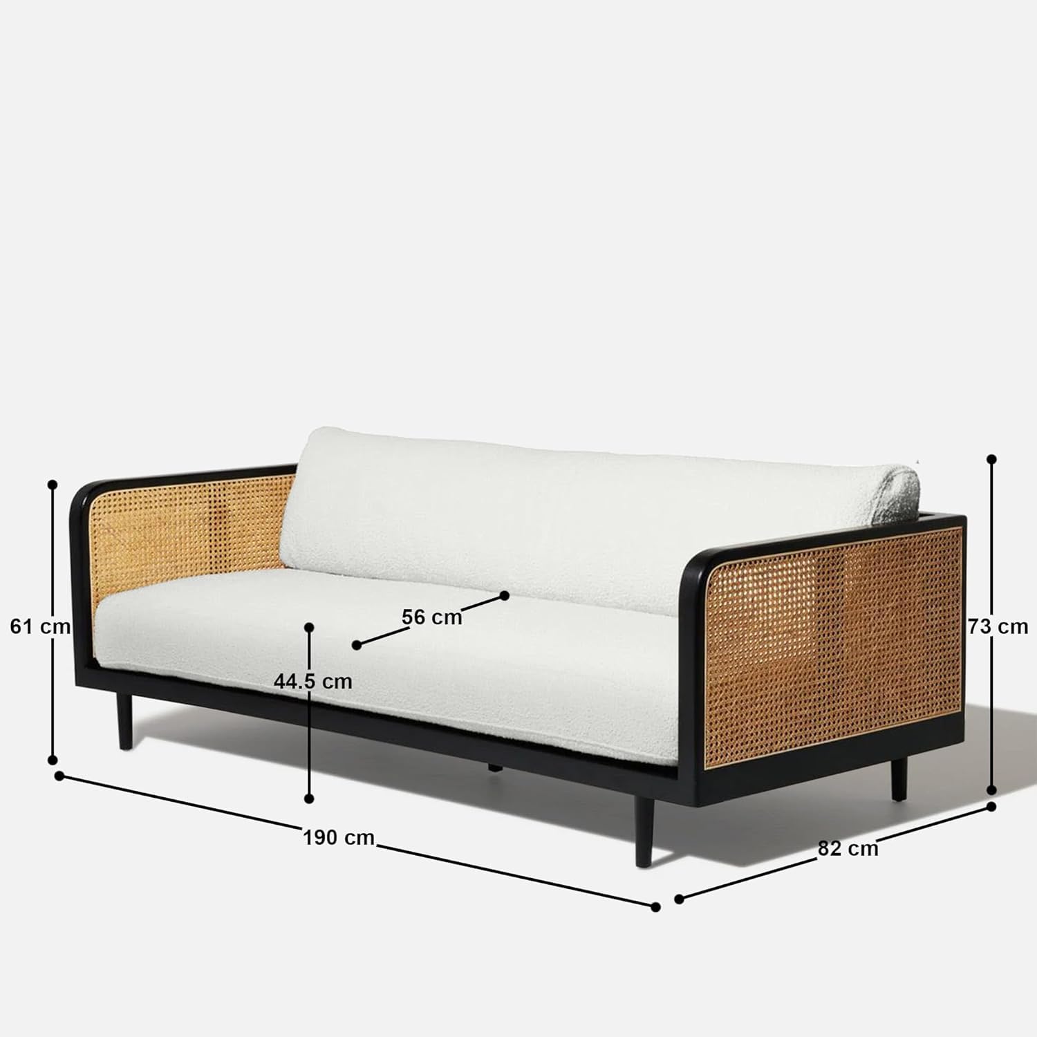 goldveiw Furniture Modern Rattan Sofa, White Cushions, Black Frame, Living Room Furniture with Cane Side Panels 3 Seater Sofa for Living Room with White Cousins. - Image 3