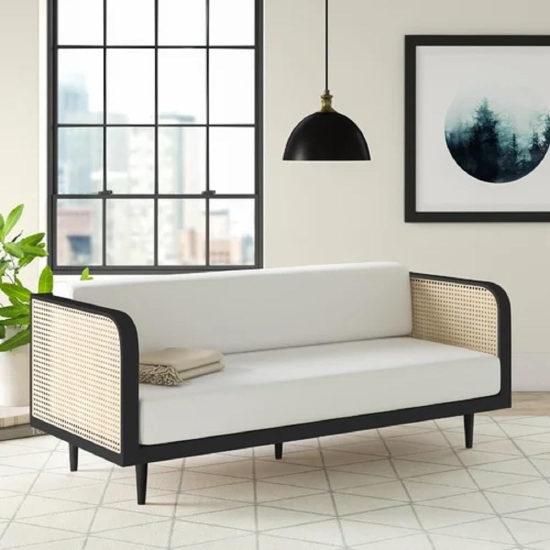goldveiw Furniture Modern Rattan Sofa, White Cushions, Black Frame, Living Room Furniture with Cane Side Panels 3 Seater Sofa for Living Room with White Cousins. - Image 4