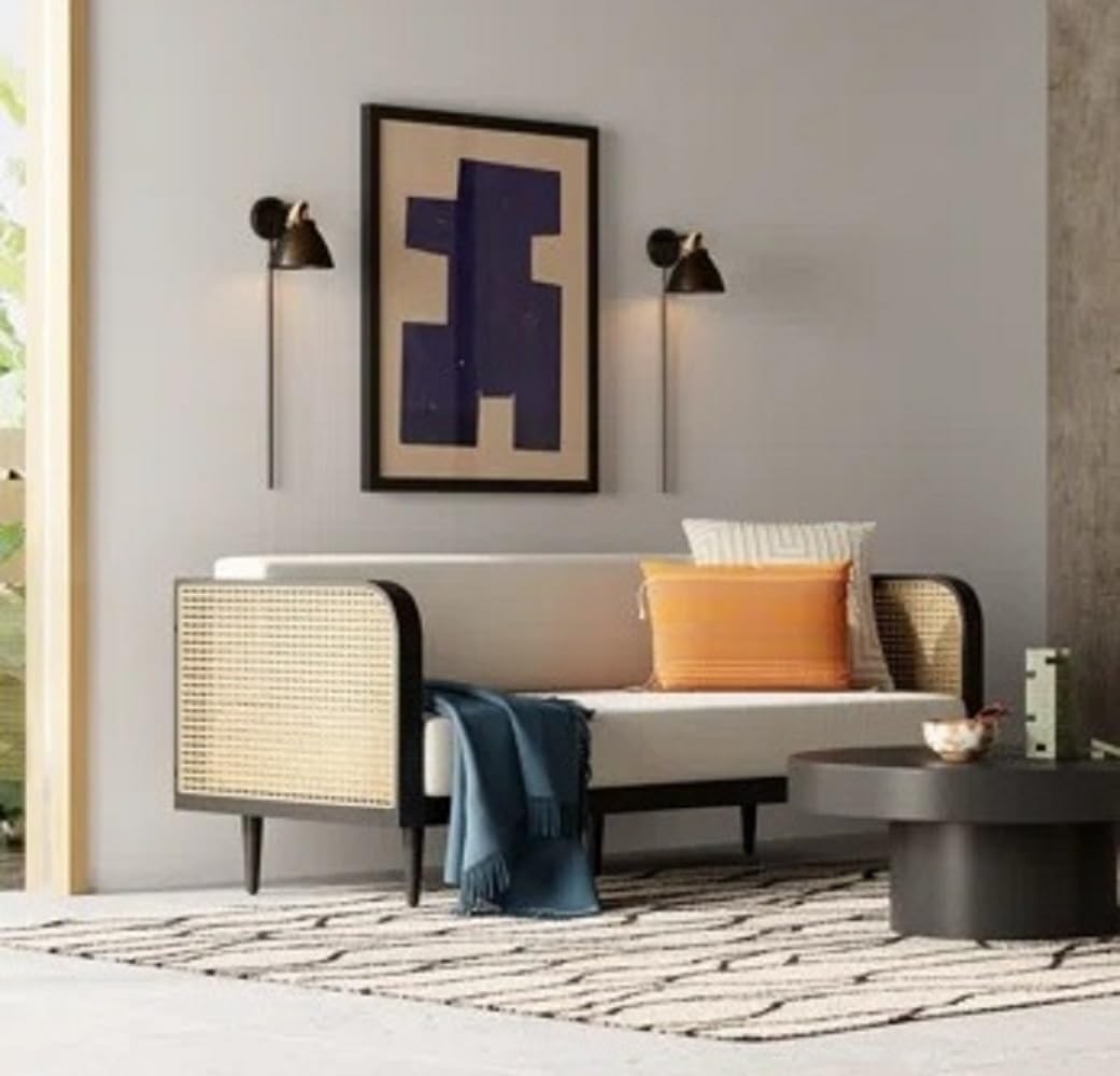 goldveiw Furniture Modern Rattan Sofa, White Cushions, Black Frame, Living Room Furniture with Cane Side Panels 3 Seater Sofa for Living Room with White Cousins. - Image 5