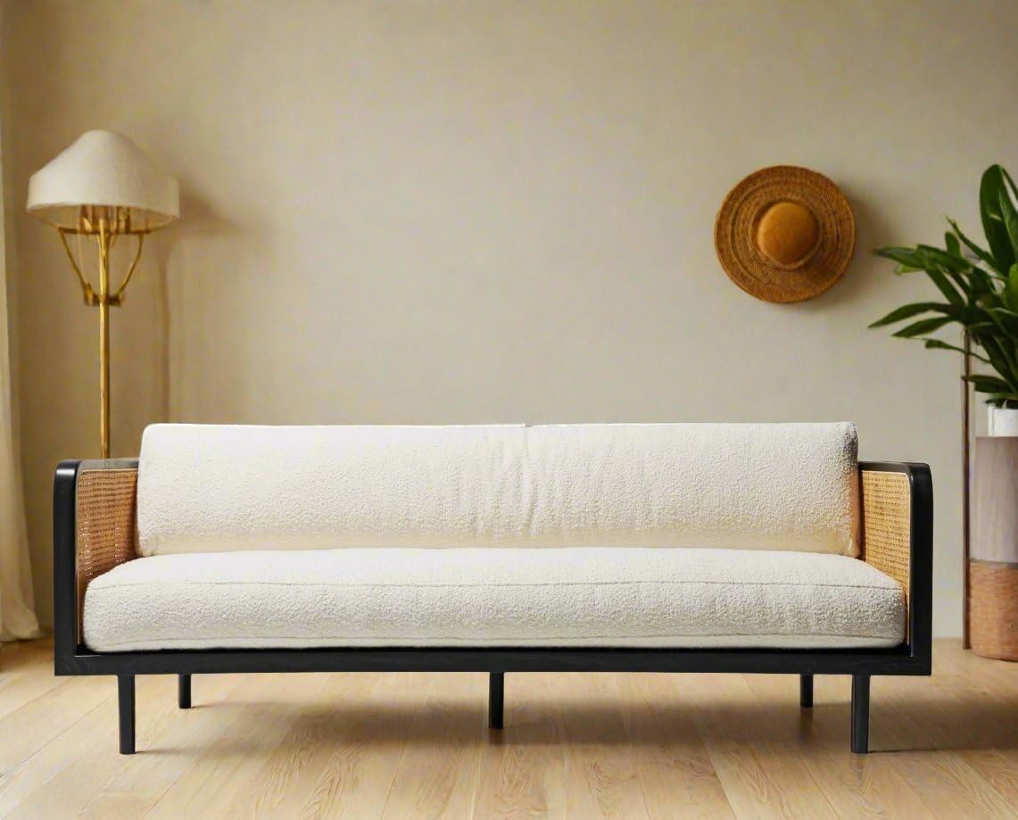 goldveiw Furniture Modern Rattan Sofa, White Cushions, Black Frame, Living Room Furniture with Cane Side Panels 3 Seater Sofa for Living Room with White Cousins. - Image 6