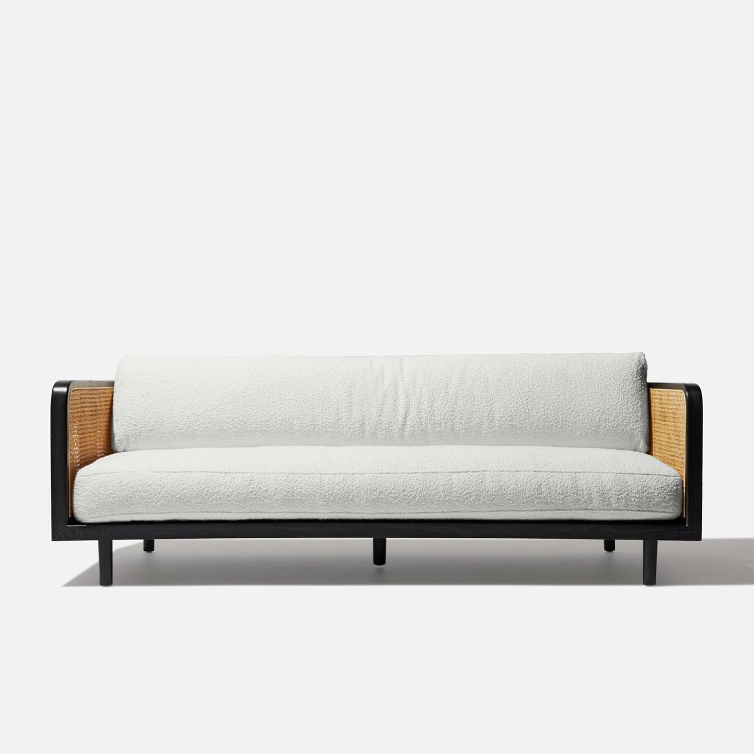 goldveiw Furniture Modern Rattan Sofa, White Cushions, Black Frame, Living Room Furniture with Cane Side Panels 3 Seater Sofa for Living Room with White Cousins. - Image 8