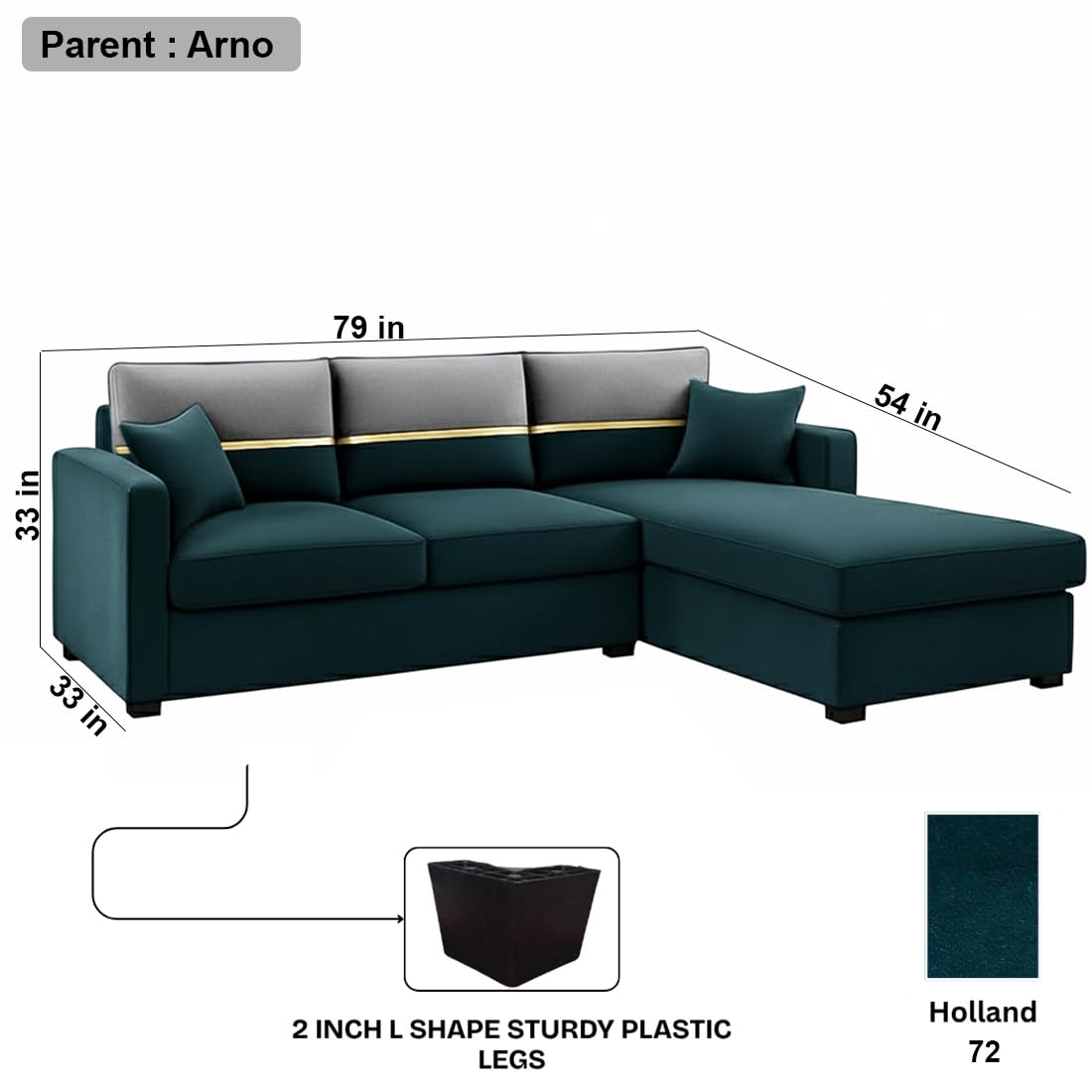 FURNY Arnoy 4 Seater Fabric RHS L Shape Sofa Set with Extra Cushions (Greenish Teal) | Premium Velvet Finish | Ideal of Living Room - Image 3