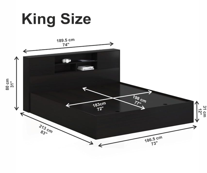 Modern Queen Platform Bed Frame with Storage Headboard and Shelves, Black. (King) - Image 3