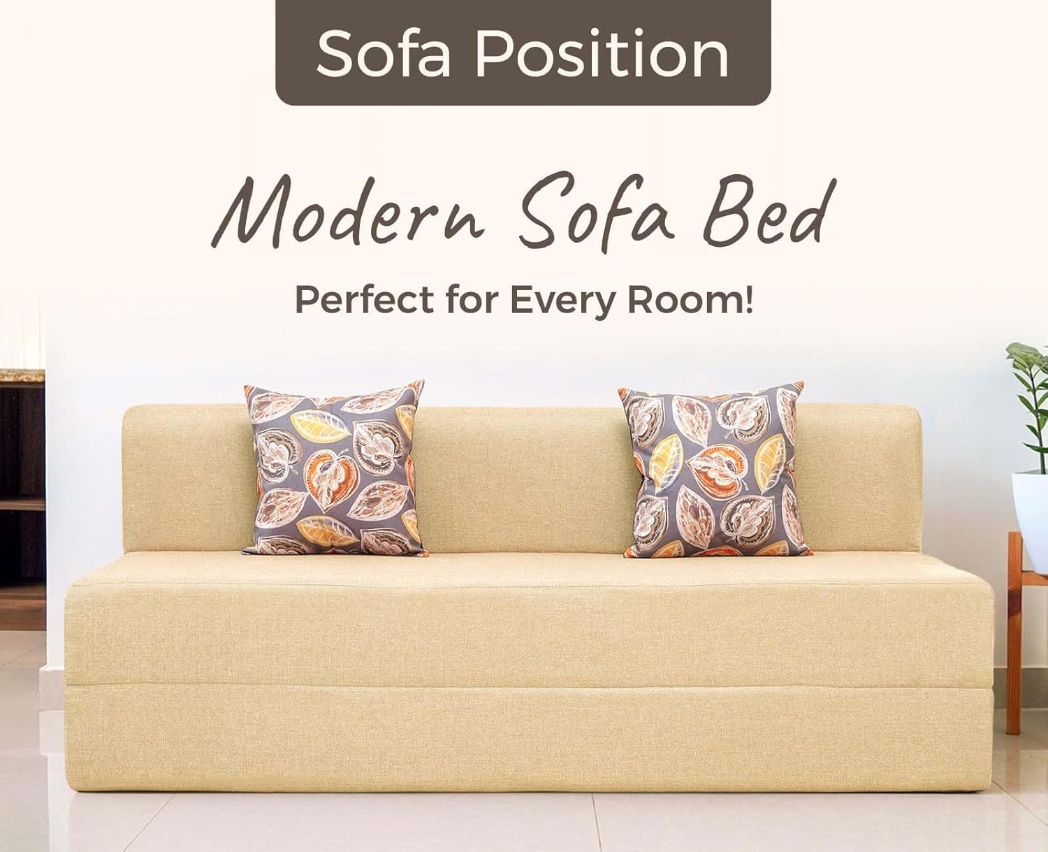 uberlyfe 3 Seater Sofa Cum Bed | Jute Fabric Washable Cover | 2 Cushions Fall Leaves Pattern | Beige | 6' X 6' Feet - Image 4