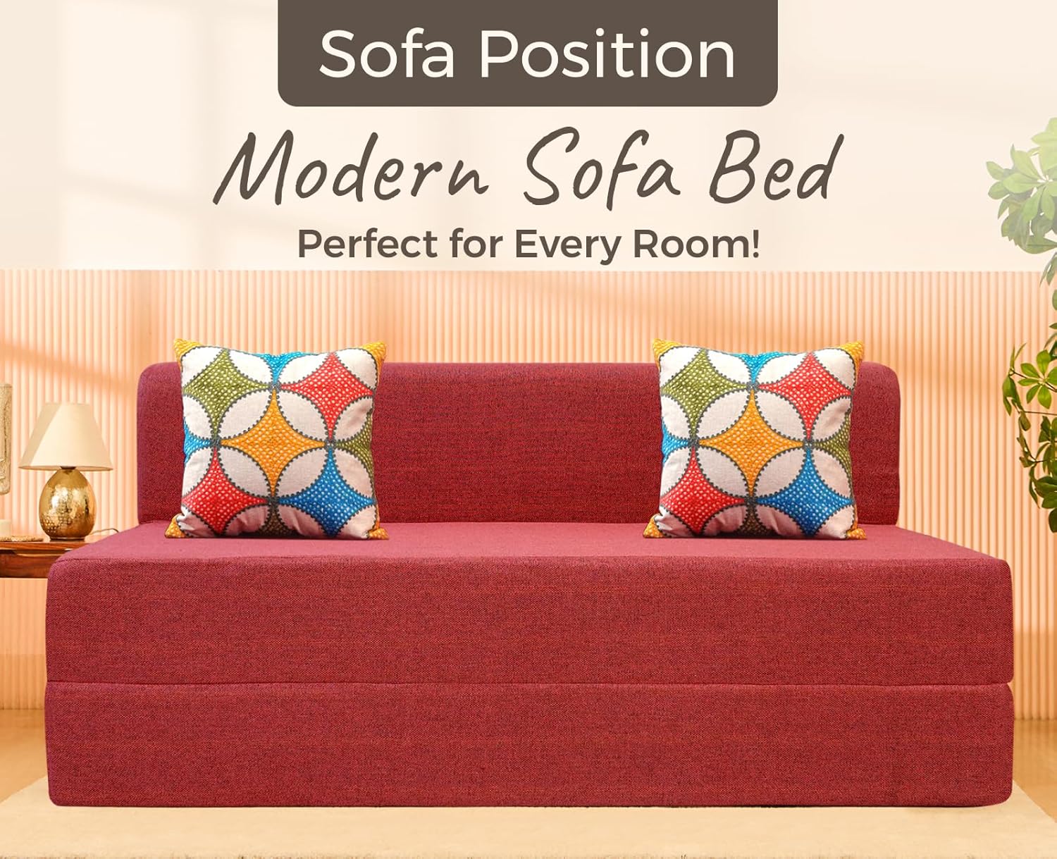 uberlyfe Basics 3 Seater Sofa Cum Bed | Jute Fabric Washable Cover | 2 Cushions Jharokha Pattern | Primrose Red | 5' X 6' Feet - Image 3