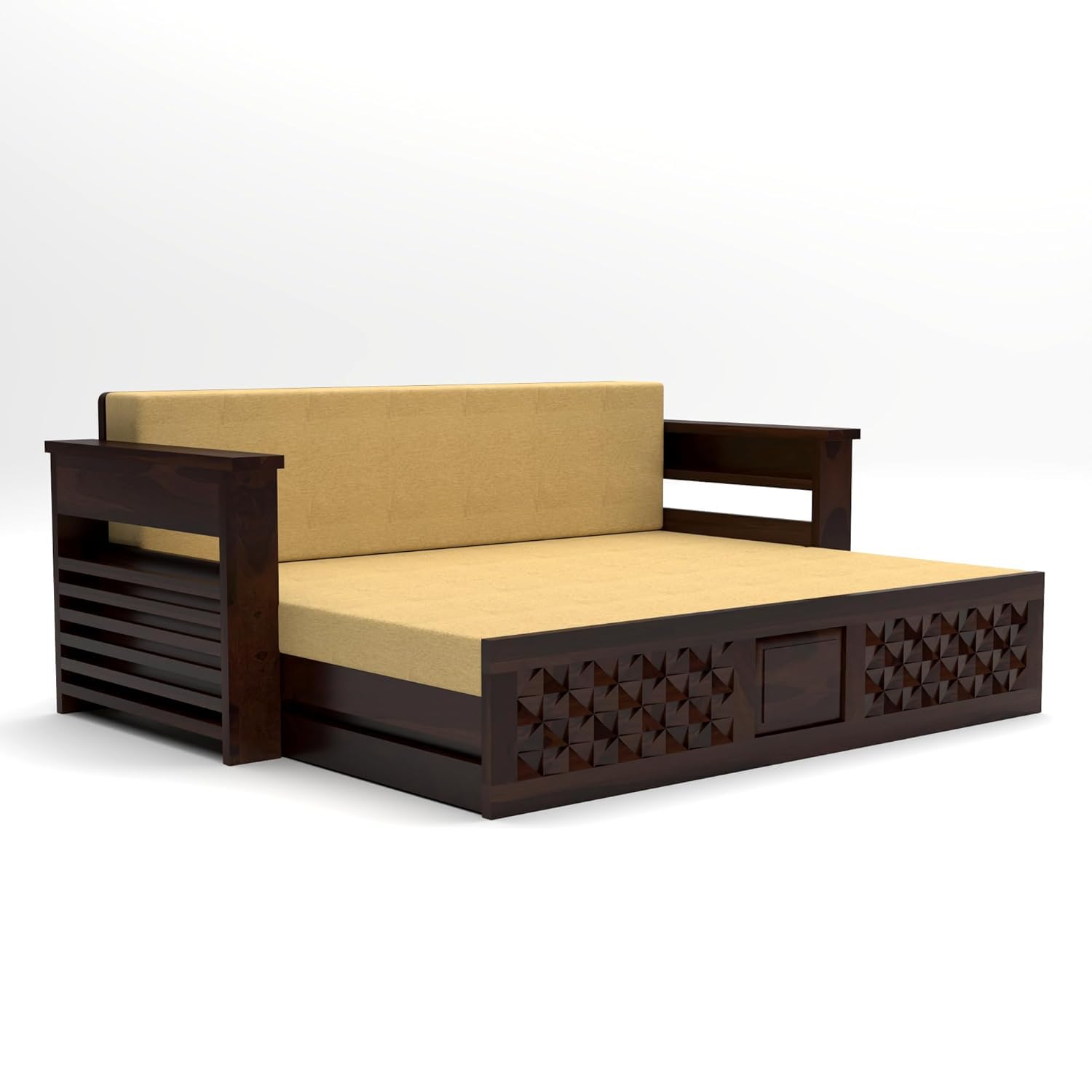 Solid Sheesham Wooden Sofa Cums Bed with Mattress for Living Room | Rosewood 3 Seater Sofa Cums Bed for Bedroom Without Pillow (Walnut,Florex, 3 Seater) - Image 6