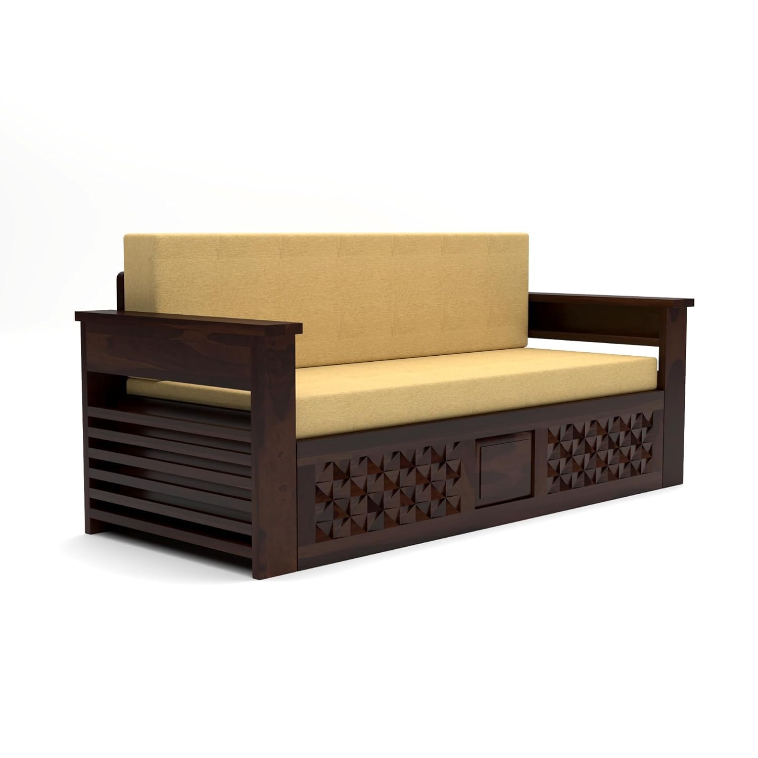 Solid Sheesham Wooden Sofa Cums Bed with Mattress for Living Room | Rosewood 3 Seater Sofa Cums Bed for Bedroom Without Pillow (Walnut,Florex, 3 Seater) - Image 7