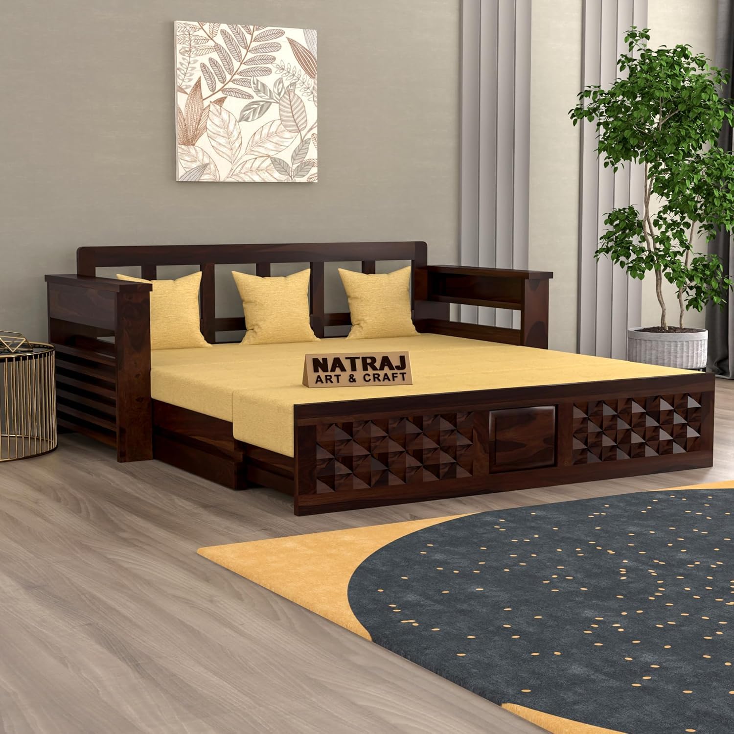 Solid Sheesham Wooden Sofa Cums Bed with Mattress for Living Room | Rosewood 3 Seater Sofa Cums Bed for Bedroom Without Pillow (Walnut,Florex, 3 Seater) - Image 9