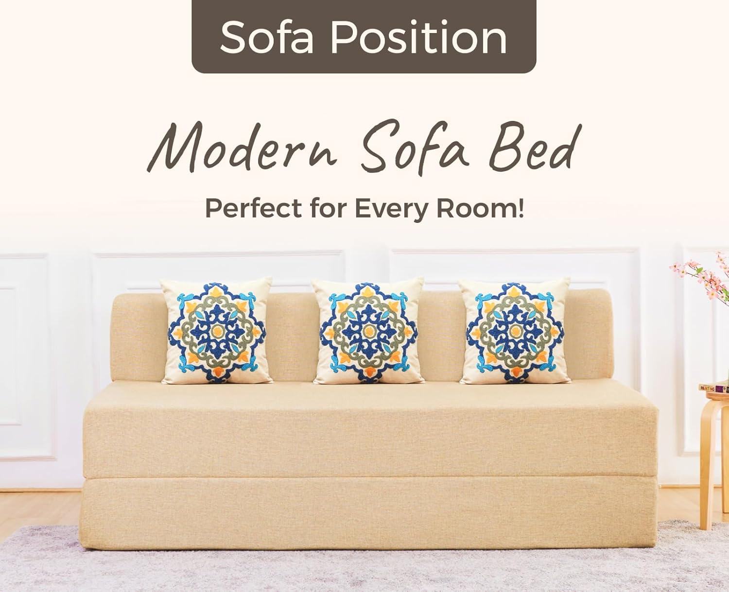 uberlyfe 3 Seater Sofa Cum Bed | Jute Fabric Washable Cover | 3 Cushions Blue Medallion Pattern | Beige | 5' X 6' Feet - Image 4