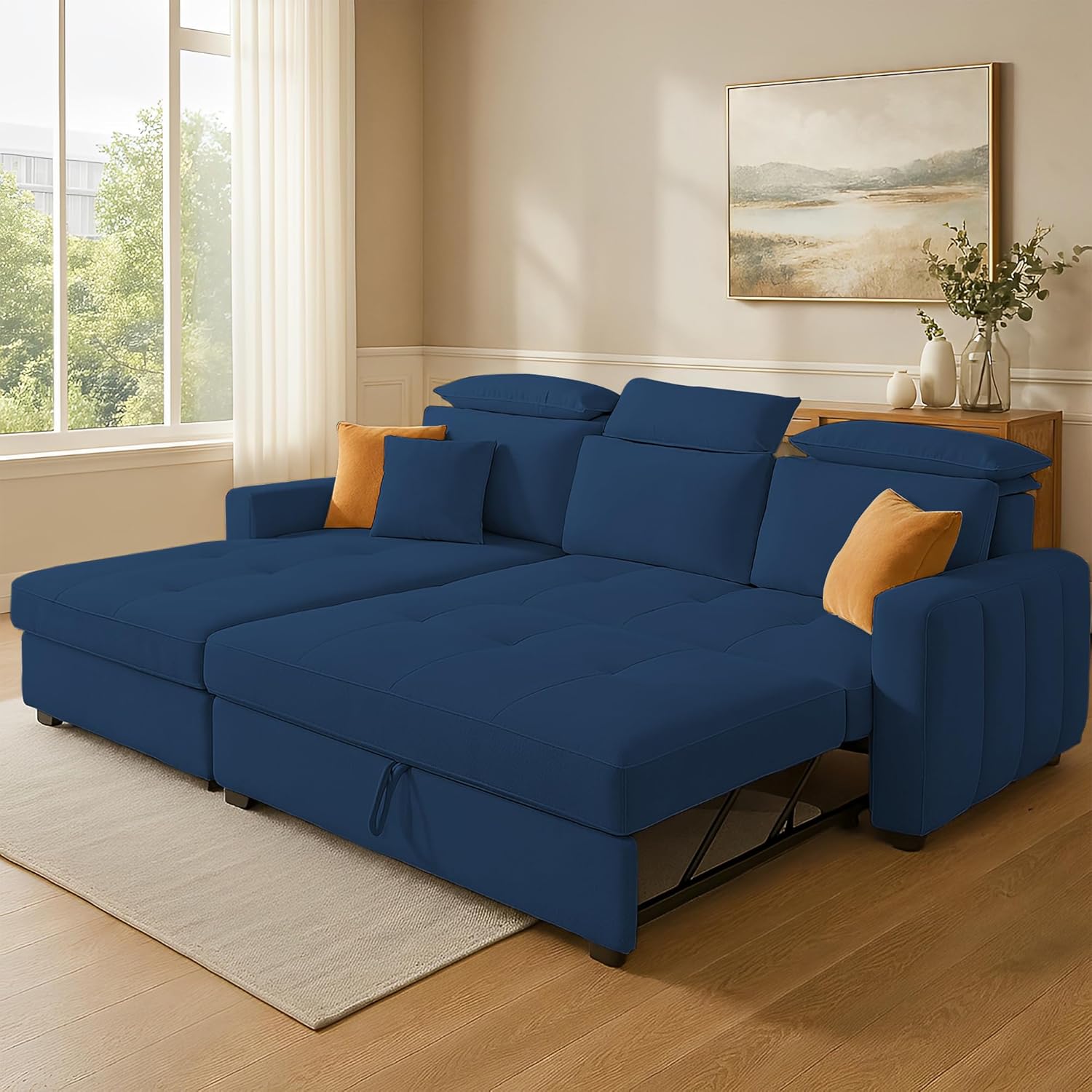 Gagnon LHS 4 Seater L Shape Corner Sofa Cum Bed for Living Room (Blue Fabric) Premium Fabric Sofa - Image 4