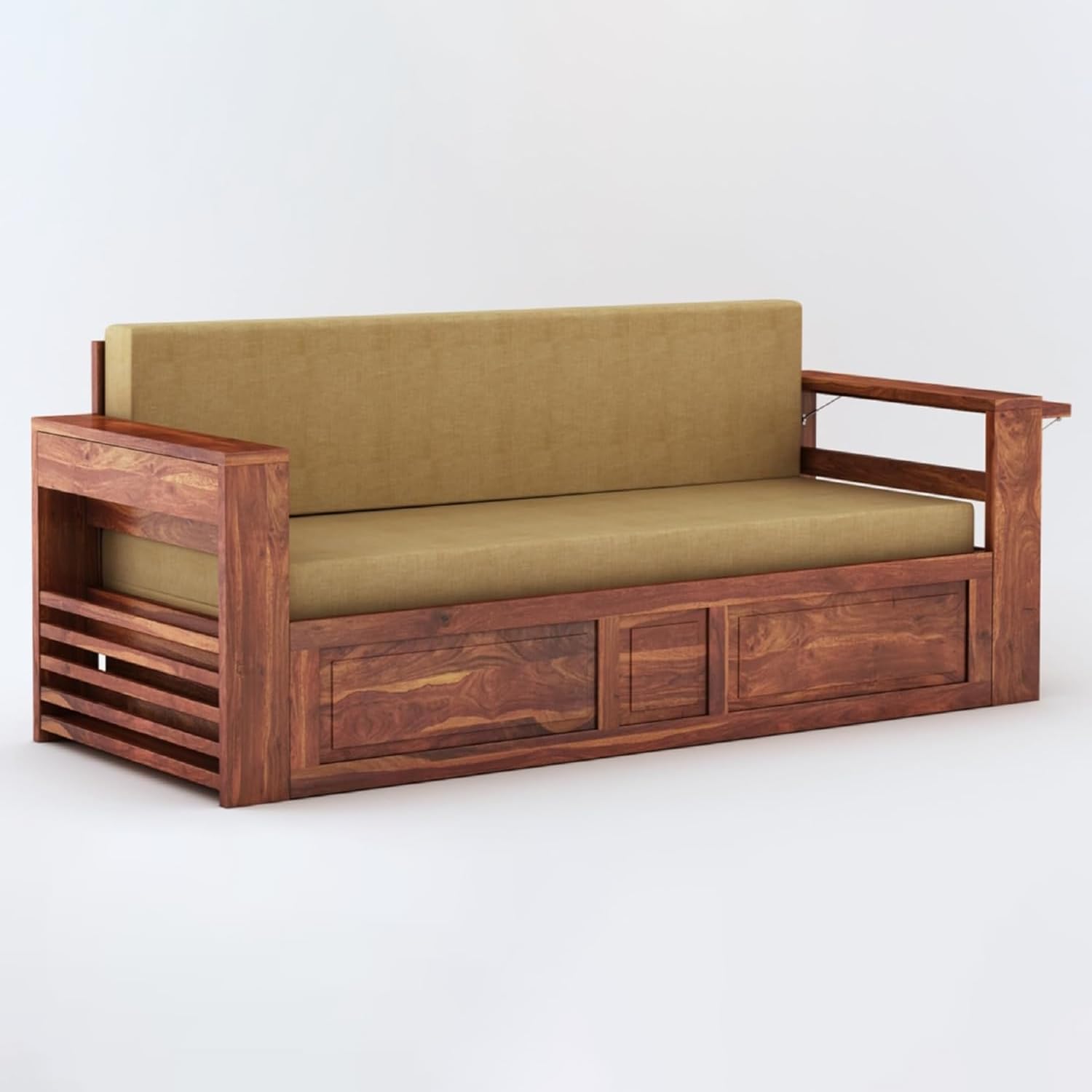 MAMTA DECORATION Solid Sheesham Wood 3 Seater Sofa Cum Bed with Drawer and Side Pockets Storage | Multipurpose Wooden Sofa Furniture for Home and Living Room (Honey Finish - 1 Year Warranty) - Image 4