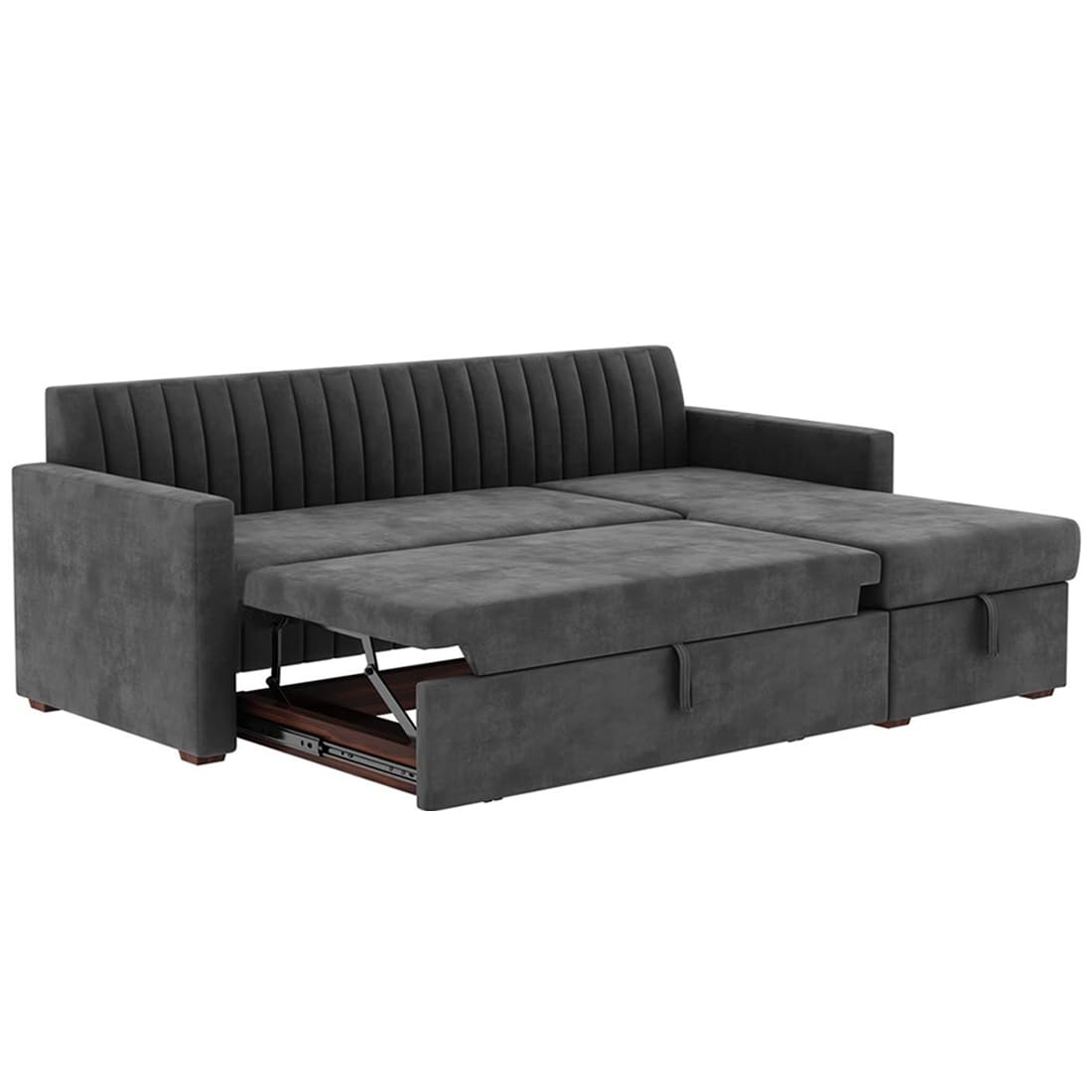 FURNY Ellan 4 Seater Fabric RHS L Shape Sofa Cum Bed Set with Storage (Grey) - Image 5