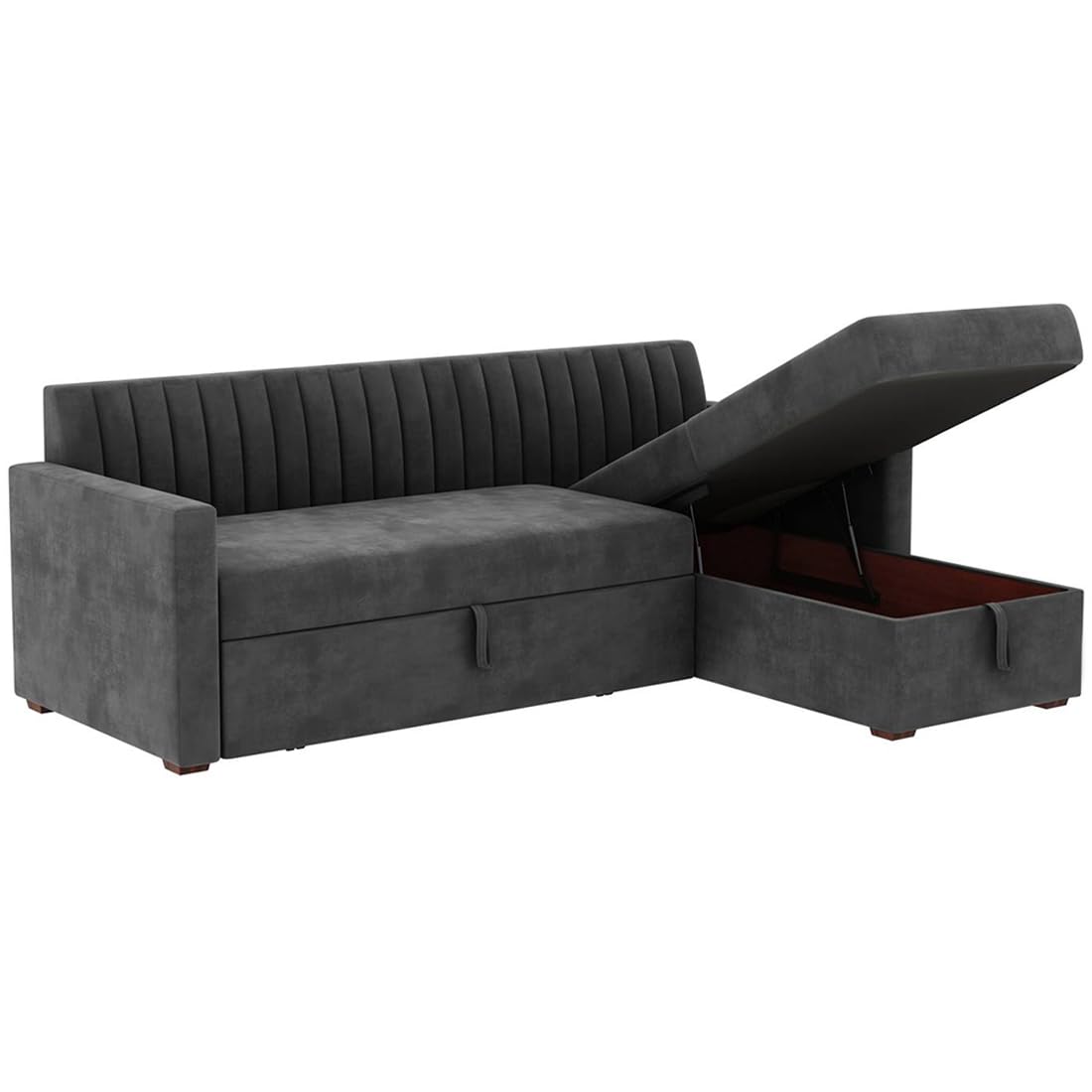 FURNY Ellan 4 Seater Fabric RHS L Shape Sofa Cum Bed Set with Storage (Grey) - Image 8