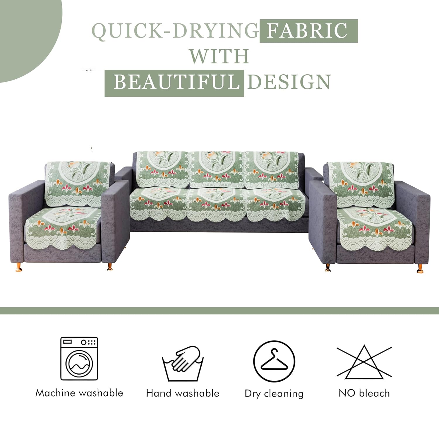 Fun Homes Cotton Sofa Cover 5-Seater Set | Washable Tulip Printed Sofa Protector for Home Decor, Offices, Hotels, Furniture Protection & Everyday Use | Green - Image 6