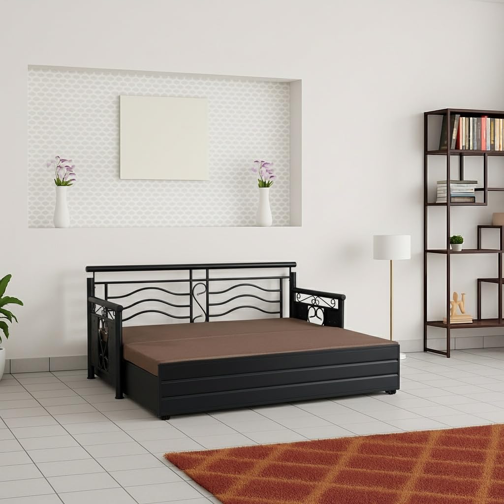 3 Seater Metal Sofa Cum Bed with Hydraulic Storage | Queen Size Sofa Cum Bed | 3 Seater Sofa Set | Space-Saving Design for Living Room and Guest Room (Matte Finish, Brown, Black) - Image 2