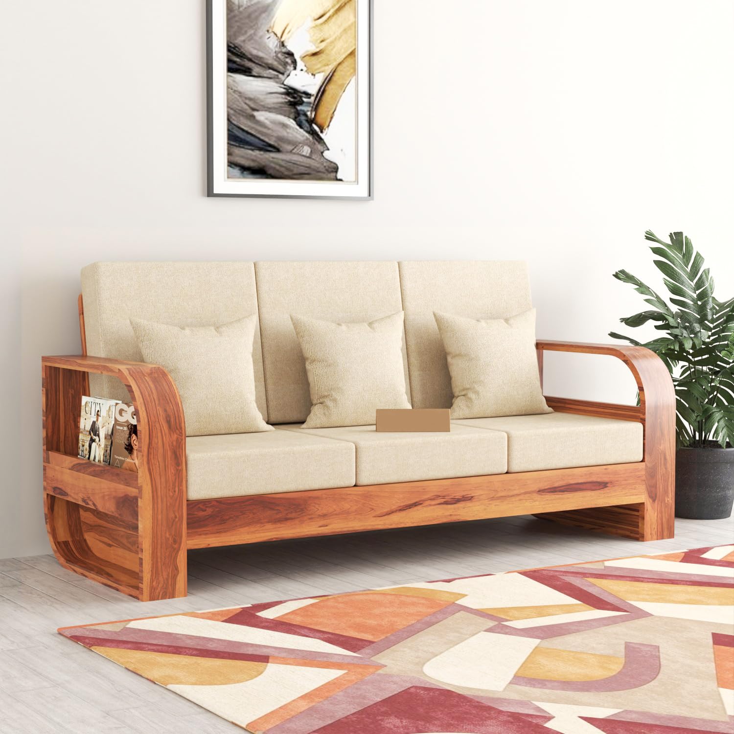 3 Seater Sheesham Wood Sofa for Living Room Furniture Home and Office | Three Seater Wooden Sofa (Natural Finish, 3 Seater), Brown - Image 2