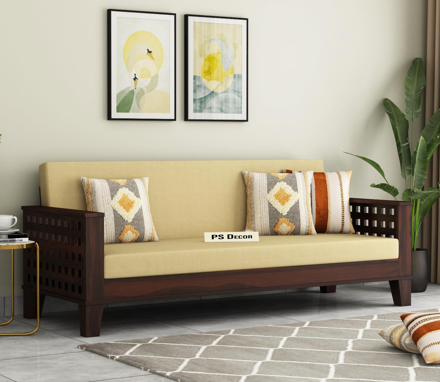 3 Seater Solid Sheesham Wooden Sofa Cums Bed for Living Room | Drawing Room | Folding Bed with Mattresses | Wooden Bed (Walnut) - Image 2