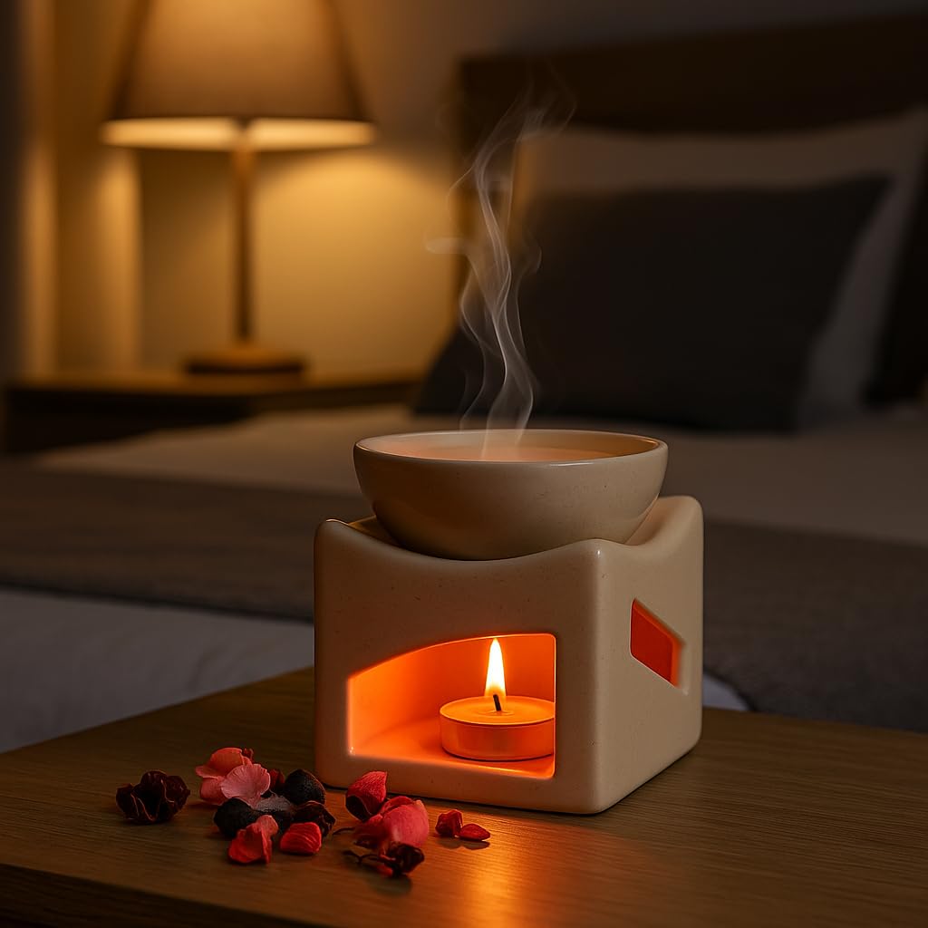 Pure Source India Ceramic Clay Candle Operated Aroma Burner Oil Diffuser, Extra Large Bowl, with 1 Tealight, 4.25 Inch, (Ivory White) - Image 3