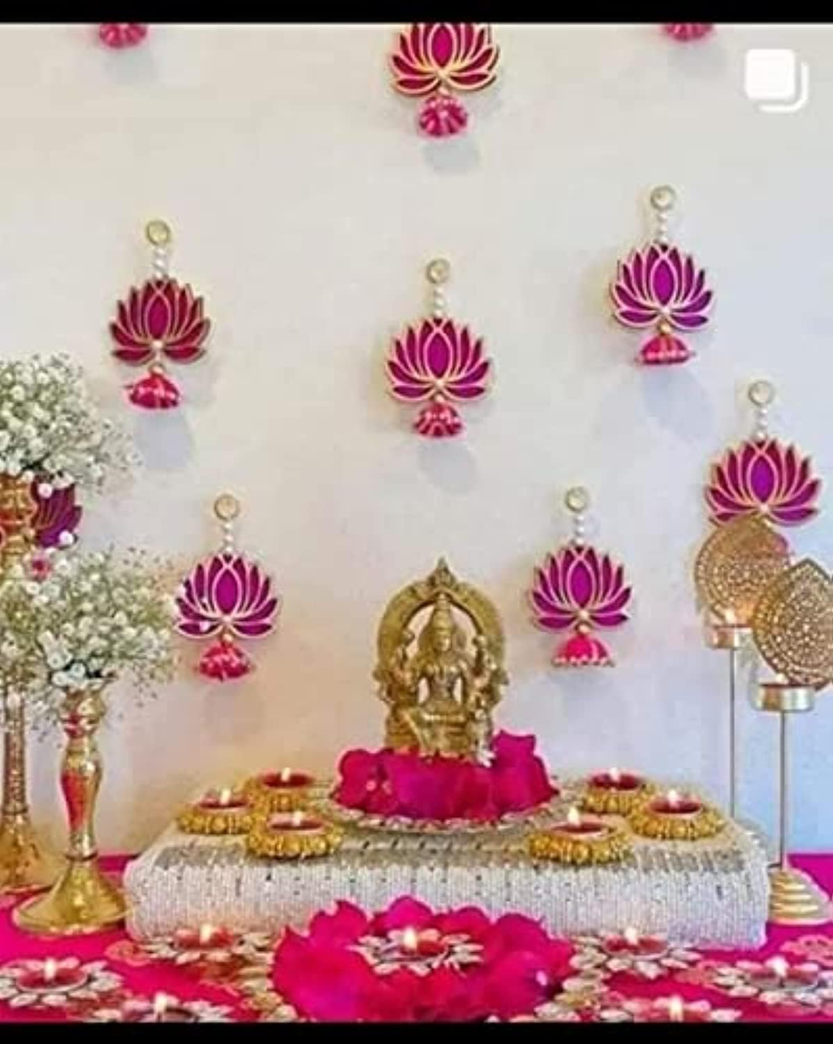 BENAVJI Presents Handmade MDF Wood Lotus Hangings Jhumki Style for Diwali Home Decor Temples Mandir Pooja Rooms All Festival Decorations Pink Color Lotus Pack of 6 - Image 2