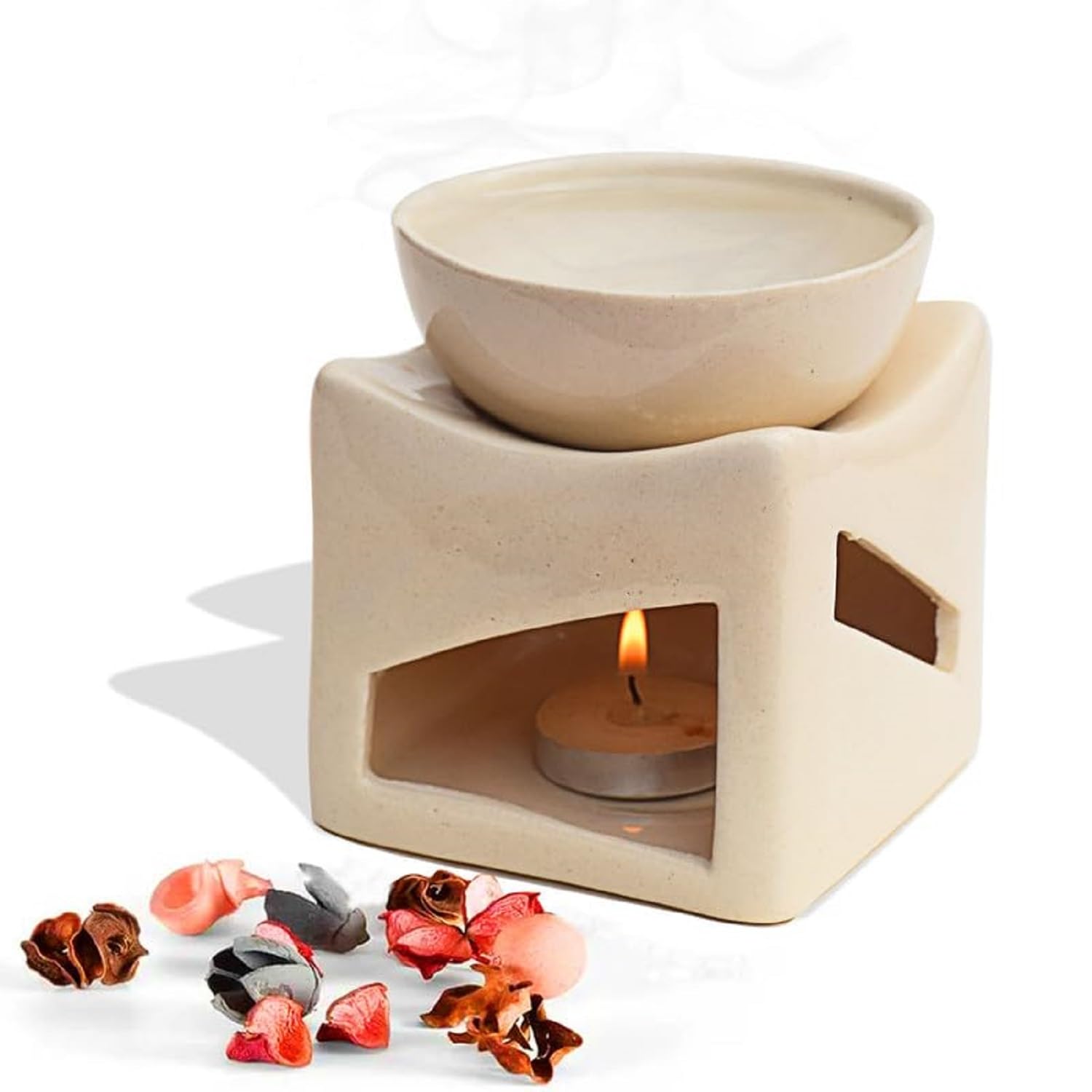 Pure Source India Ceramic Clay Candle Operated Aroma Burner Oil Diffuser, Extra Large Bowl, with 1 Tealight, 4.25 Inch, (Ivory White) - Image 2