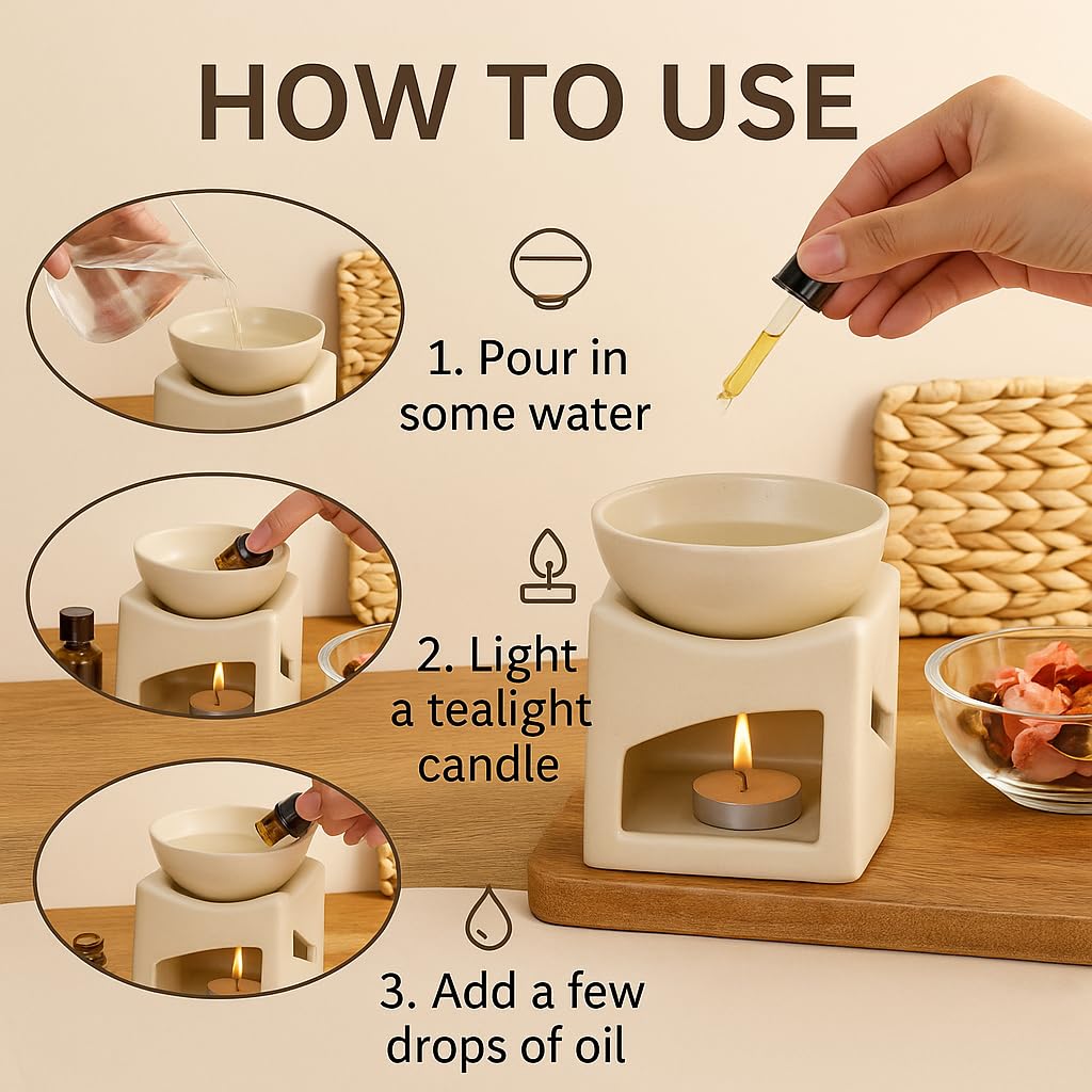 Pure Source India Ceramic Clay Candle Operated Aroma Burner Oil Diffuser, Extra Large Bowl, with 1 Tealight, 4.25 Inch, (Ivory White) - Image 5