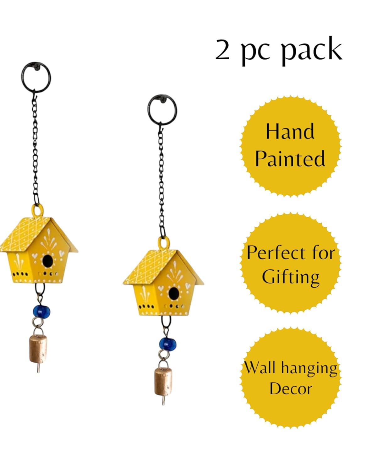 2 Pc Hut Wall Hanging Decor | Garden Tree Hanging Bells Decoration | Handpainted Hanging Ornaments for Home Living Room Wind Chime (Yellow) - Image 3