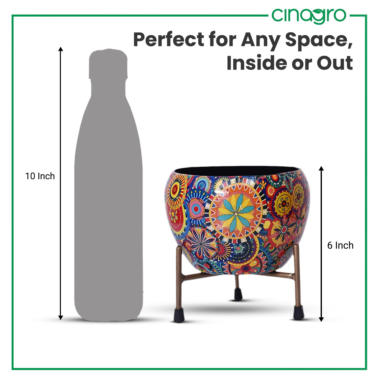 CINAGRO Metal Flower Vase Planter Pot with Iron Stand, Pots for Plants, Plant Pots for Home Decoration, Succulent Pot, Indoor Planter Garden Decor (Size: 6X6 inch) Style: Mandala Fusion Spectrum - Image 5