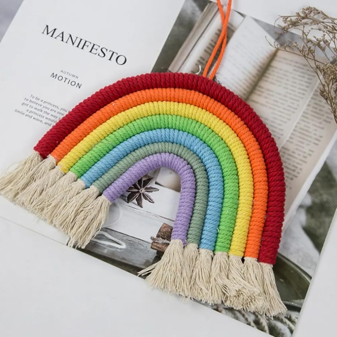 WARMINGO DE Rainbow Macrame Wall Hanging Decor | Kids Room Decoration | Handmade Knitted Cotton Woven Tapestry Wall Decorative Novelty Gifts (1 Pc pack) - Image 6