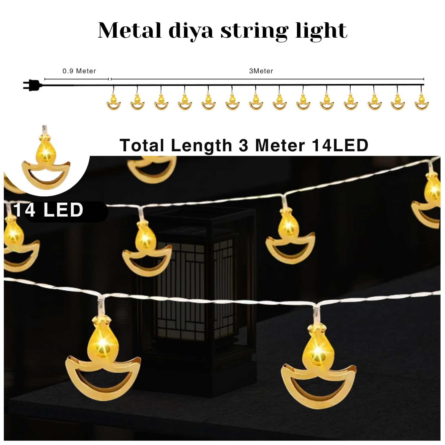 14 LED Metal Diya String Lights for Diwali Decoration, Pooja Room, Mandir, Wedding & Festive Home Décor | Decorative Diya Fairy Lights - Image 4