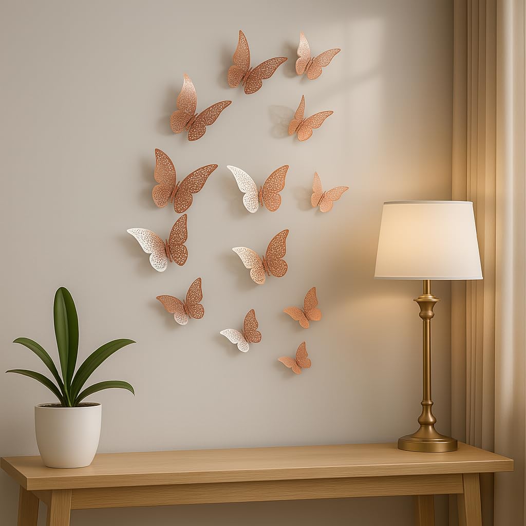 Xtore ® Congealed Paper Metallic Finish Home Decor 3D Butterfly with Sticking Pads (Rose Gold) -Set of 12 Pcs - Image 2