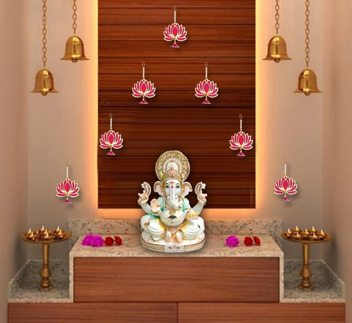 BENAVJI Presents Handmade MDF Wood Lotus Hangings Jhumki Style for Diwali Home Decor Temples Mandir Pooja Rooms All Festival Decorations Pink Color Lotus Pack of 6 - Image 7