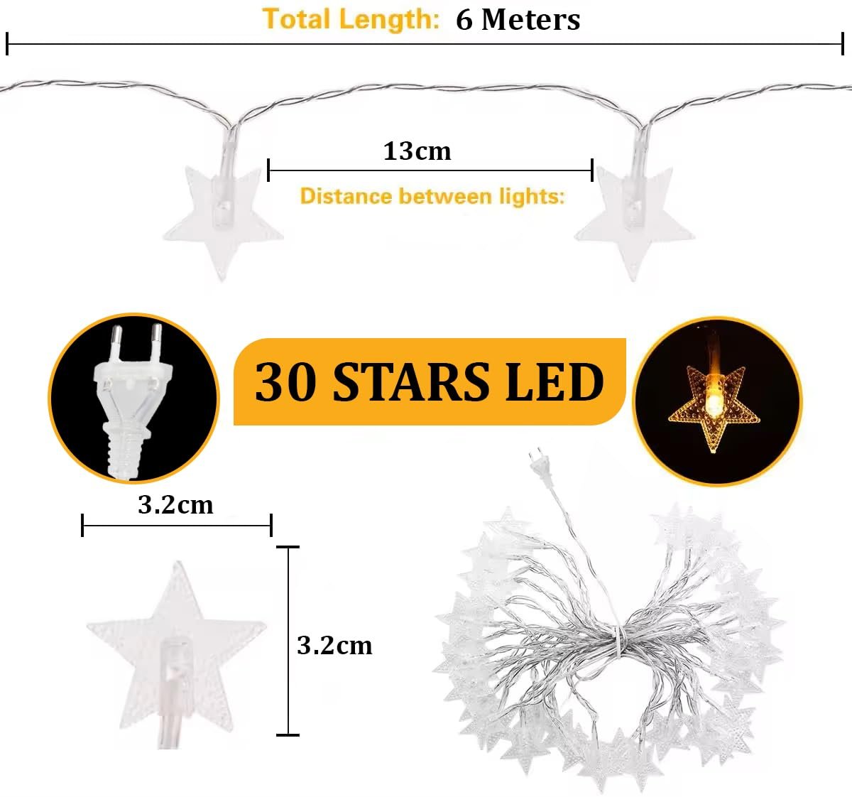 fizzytech Fairy Lights for Room Decoration – 8 Meter 30-LED Warm-White Star String Lights, Plug-in Decorative Lighting for Bedroom, Indoor & Outdoor Décor Use Diwali Christmas - Image 2