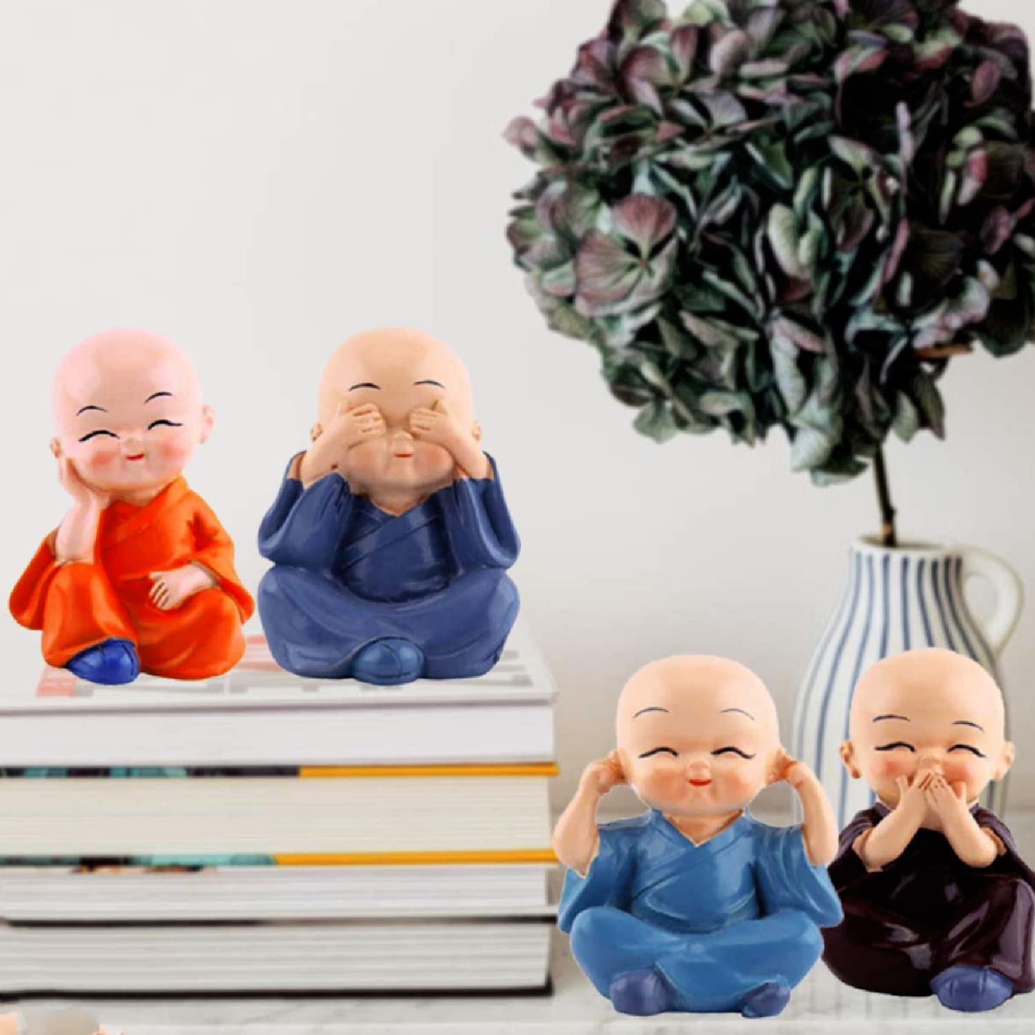 Ascension Resin Buddha Monk Statues, Small, Multicolour, Set of 4 Buddha Figurine good luck Sculpture Decoration for Indoor Outdoor Garden car dashboard Porch Yard Art Decor - Image 3