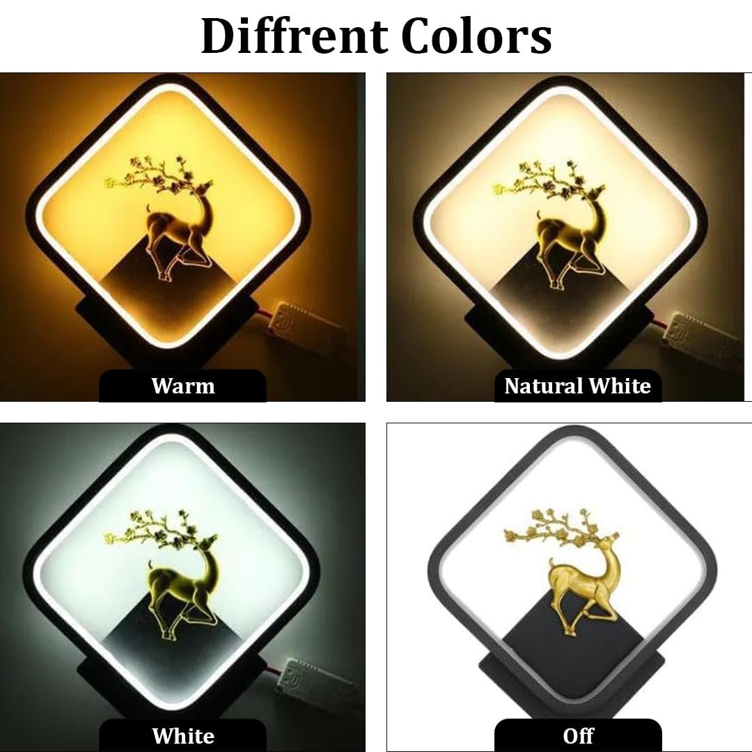 fizzytech Fancy Light Square LED Wall Light with Golden Deer Decor – Wall Lights for Living Room, Bedroom, Hallway – 4 Color Modes, Energy-Efficient Interior Wall Sconce - Image 3