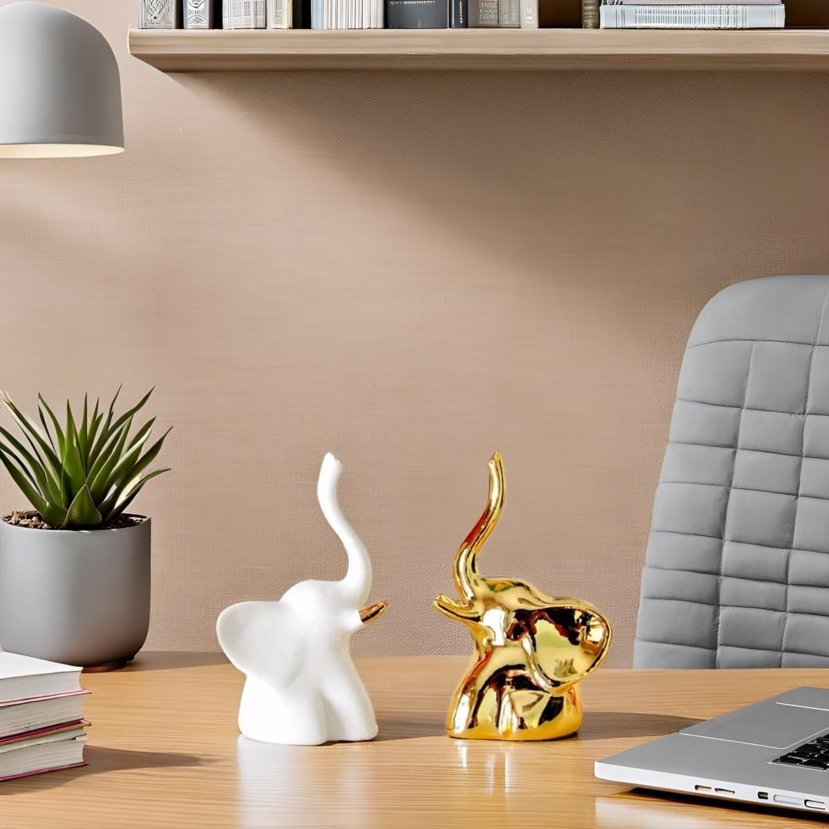 Home Decor Elephant Statue For Good Luck,Fengshui Ceramic Creative Small Modern Style Elephant Idol Figurines,Decorative Gift Items For Home,Office Desktop,Living Room (2pcs),White,Gold - Image 5