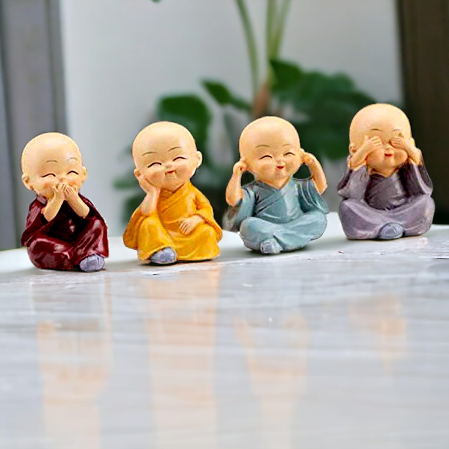 Ascension Resin Buddha Monk Statues, Small, Multicolour, Set of 4 Buddha Figurine good luck Sculpture Decoration for Indoor Outdoor Garden car dashboard Porch Yard Art Decor - Image 2