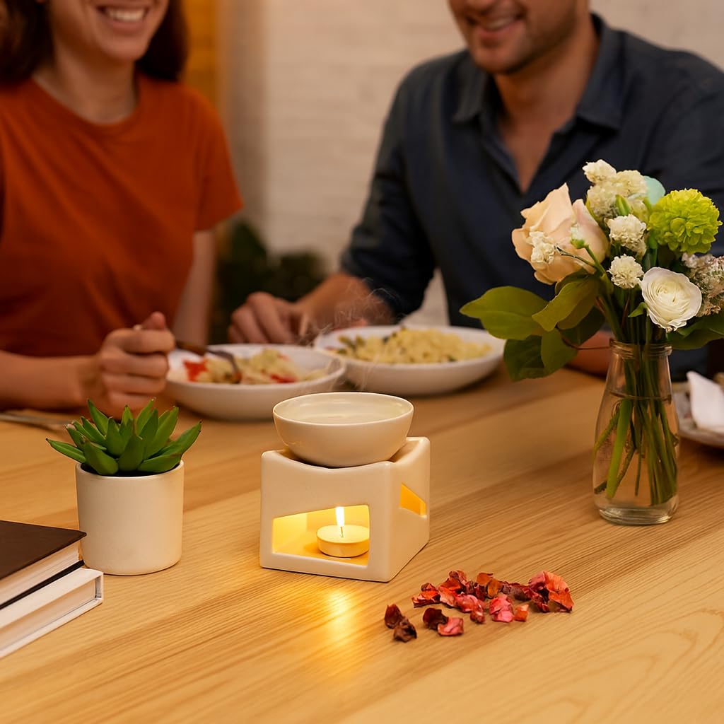 Pure Source India Ceramic Clay Candle Operated Aroma Burner Oil Diffuser, Extra Large Bowl, with 1 Tealight, 4.25 Inch, (Ivory White) - Image 8