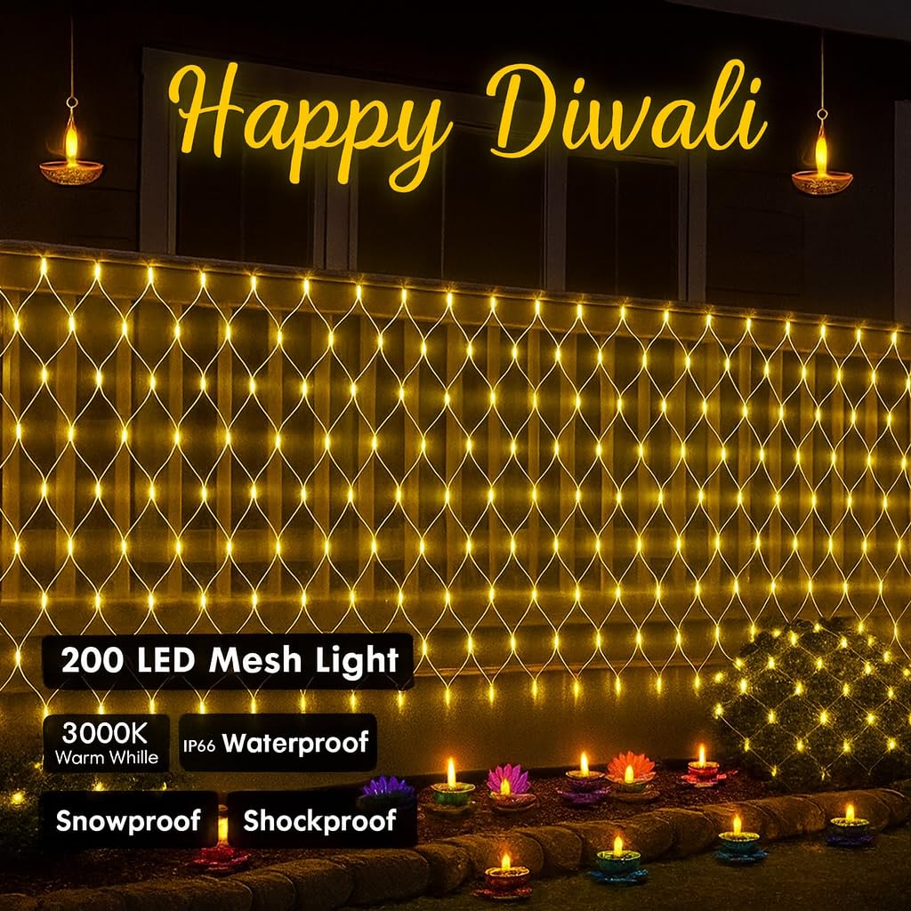 Gesto Net Mesh Lights – 200 LED Warm White Waterproof Serial String Lights with Remote & 8 Modes | Mesh Curtain Lights for Balcony,Garden,Patio,Indoor Outdoor, Diwali Decoration & Christmas (6 x 6 Ft) - Image 3