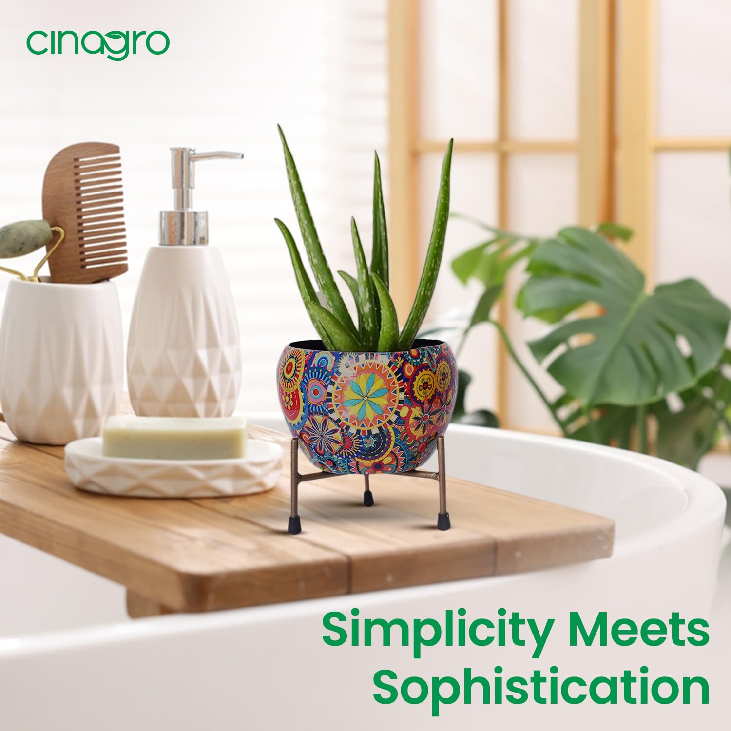 CINAGRO Metal Flower Vase Planter Pot with Iron Stand, Pots for Plants, Plant Pots for Home Decoration, Succulent Pot, Indoor Planter Garden Decor (Size: 6X6 inch) Style: Mandala Fusion Spectrum - Image 4