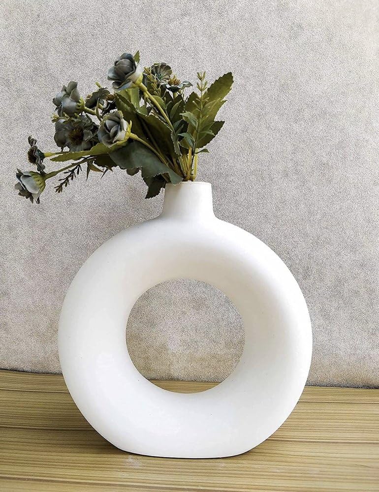 SPHINX White Ceramic Donut Vase, 6 Inch Modern Flower Vase for Pampas Grass, Dried Flowers, Home & Office Decor, Centerpiece, Handcrafted Gift Vase Only - Image 4