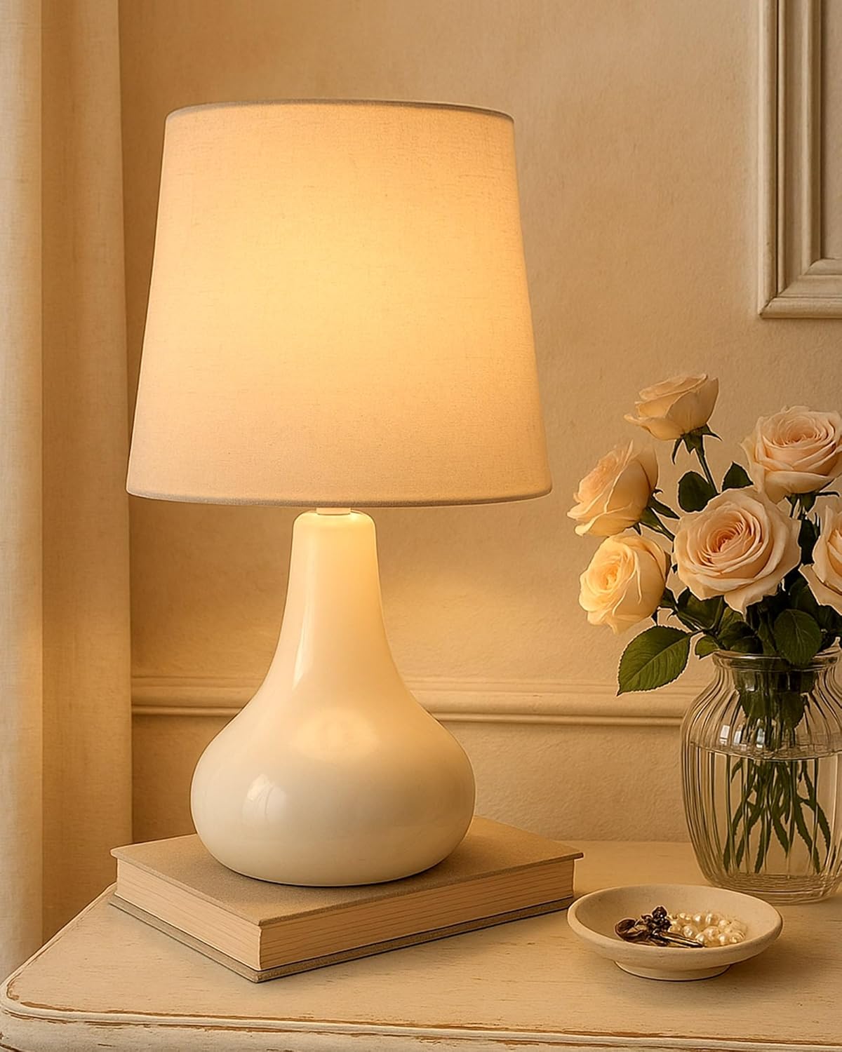 Homesake® Modern Small Ceramic Table Lamp, Warm Light Classic Bedside Desk lamp for Living Room Bedroom Dining, Restaurant, Farmhouse Nightstand Study Lamps with Fabric Shade (White) - Image 3