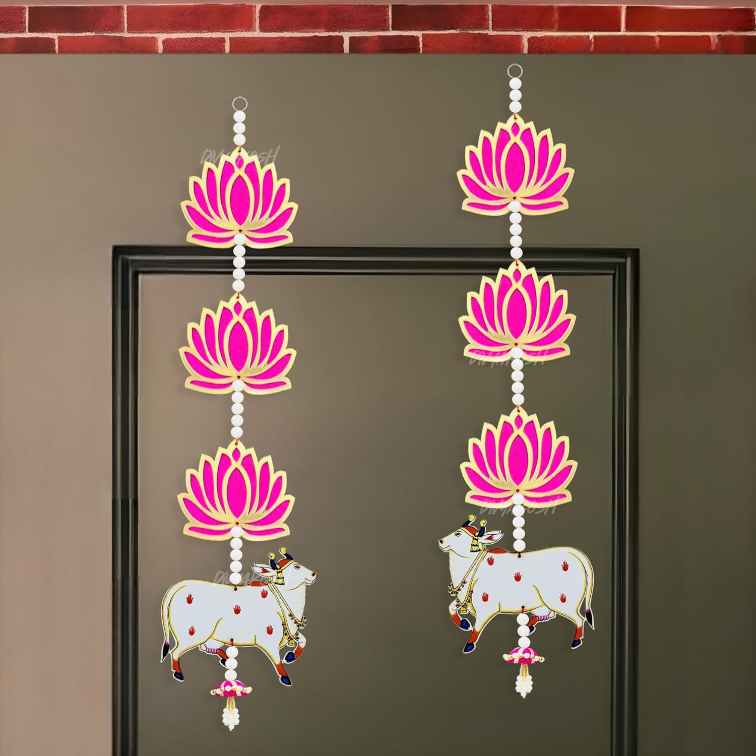 Divyakosh Engineered Wood Handmade Lotus with Cow & Jhumki Ganpati Diwali Home Decoration MDF Floral Wall Hangings Temple |1 Pair | 25 Inch Each | Makar Sankranti Giveaway,White & Pink - Image 6