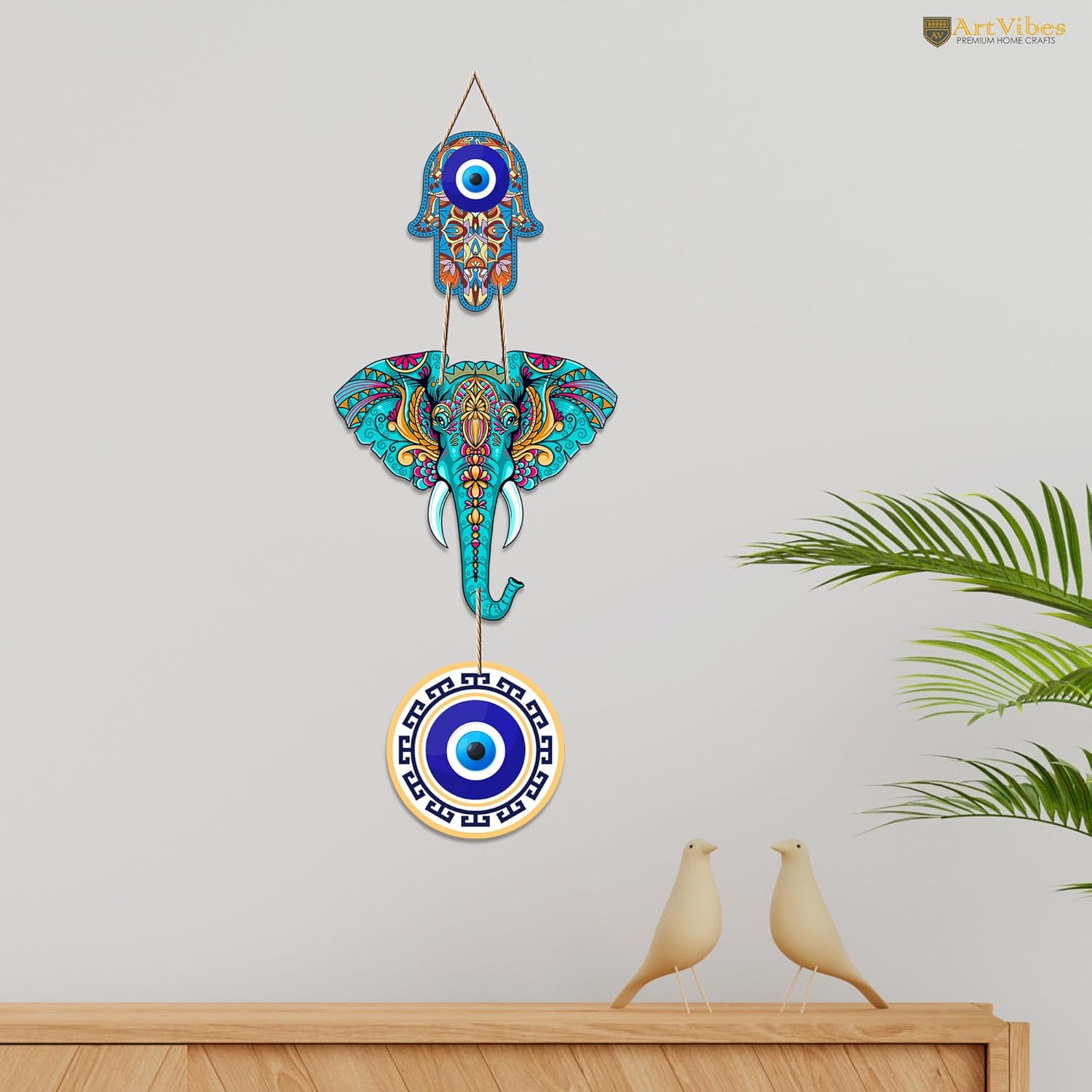 Artvibes Designer Elephant Wooden Wall Hanging for Home Decor | Hamsa Hand Decoration for Livingroom | Modern Artworks Items | Peace Charm Door Accent Decorative Hangings (WH_8506N) - Image 4