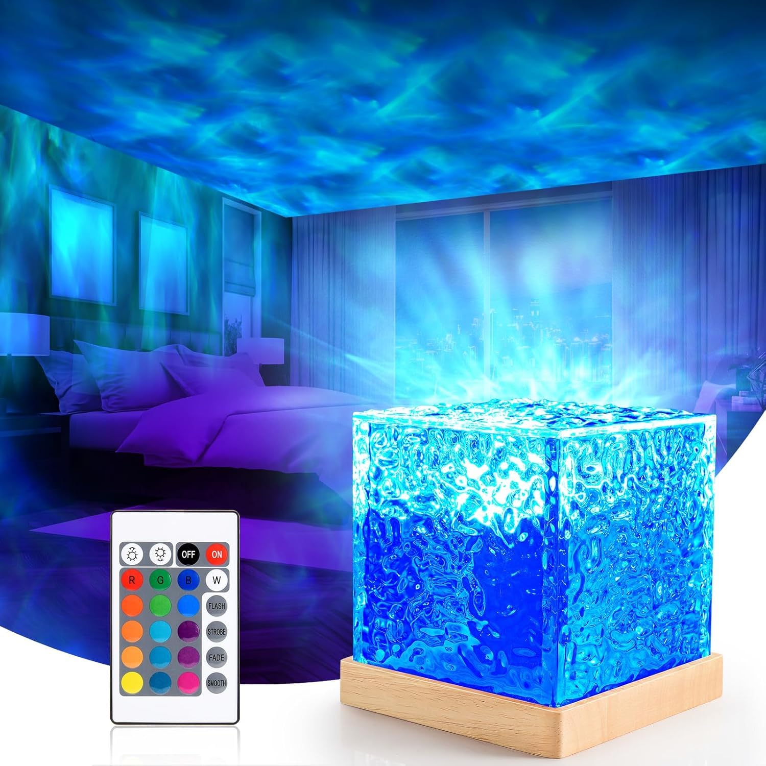 DOCAT 3D Ocean Wave Effect Night Light for Bedroom, 16 Colors Gradual Rotating LED Projection Night Lamp Projector for Bedroom Light Decor, Crystal Table Lamp for Home, Remote Control (Night Lamp)