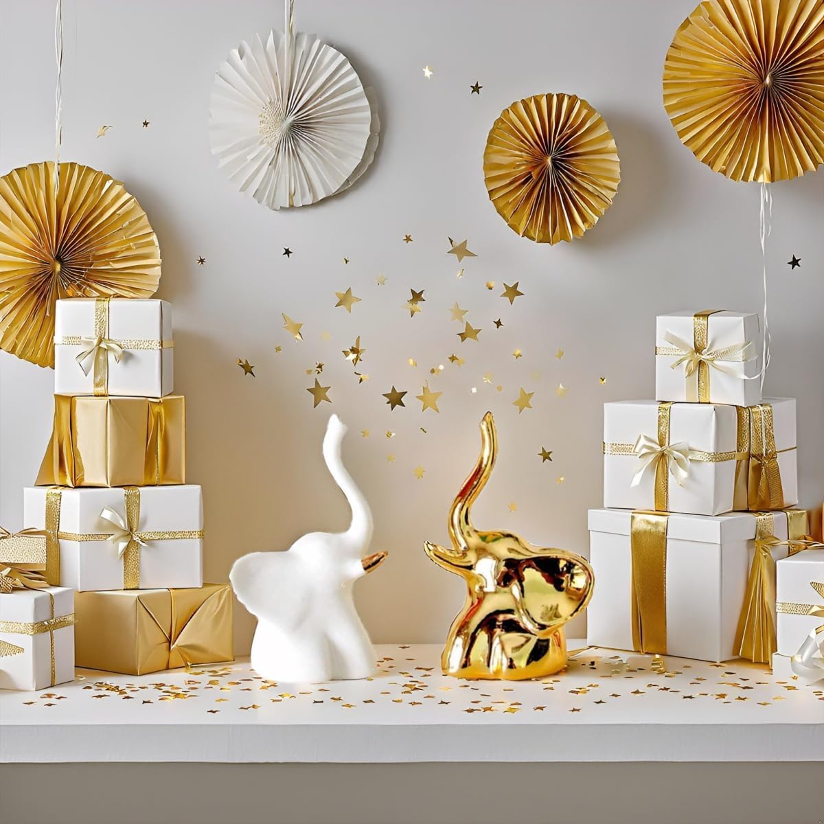 Home Decor Elephant Statue For Good Luck,Fengshui Ceramic Creative Small Modern Style Elephant Idol Figurines,Decorative Gift Items For Home,Office Desktop,Living Room (2pcs),White,Gold - Image 9