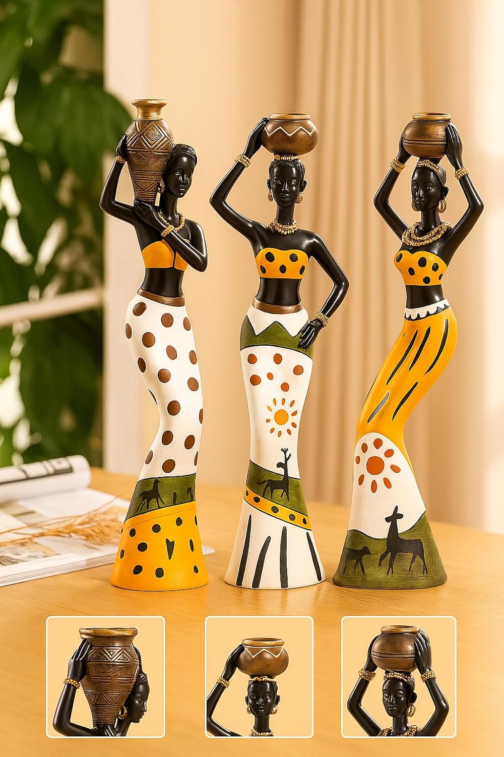 Xtore Beautiful Finish Uniquely Hand Crafted Home Dcor African Tribal Women Art Piece Handicraft Resin (Set of 3, Multicolour) - Image 7