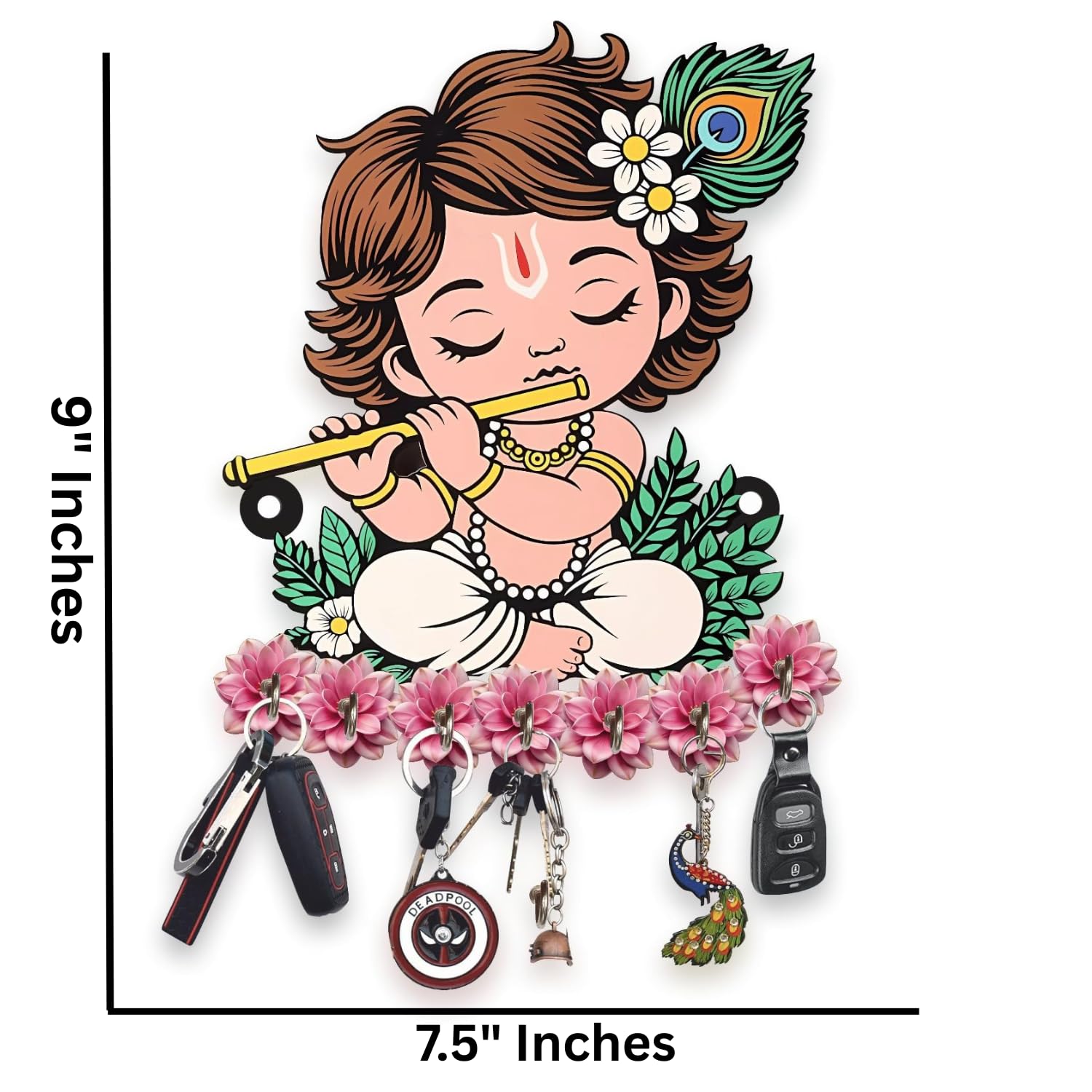 Webelkart Premium Wooden Key Holder for Home/Office Decor/Key Hanger for Wall Decor,Decorative Item for Home 9" Inches (Cute Krishna) - Image 5